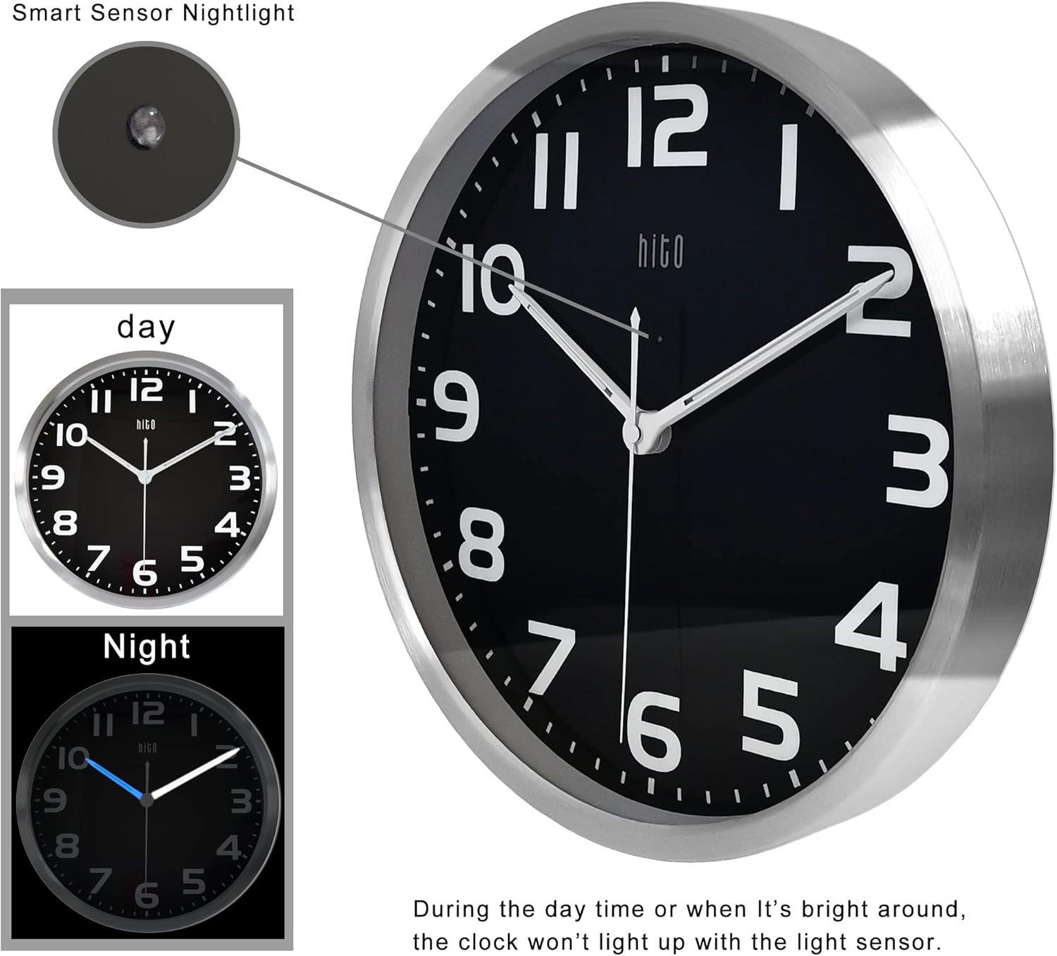 HITO 12 Inch Night Light Wall Clock with Adjustable Brightness