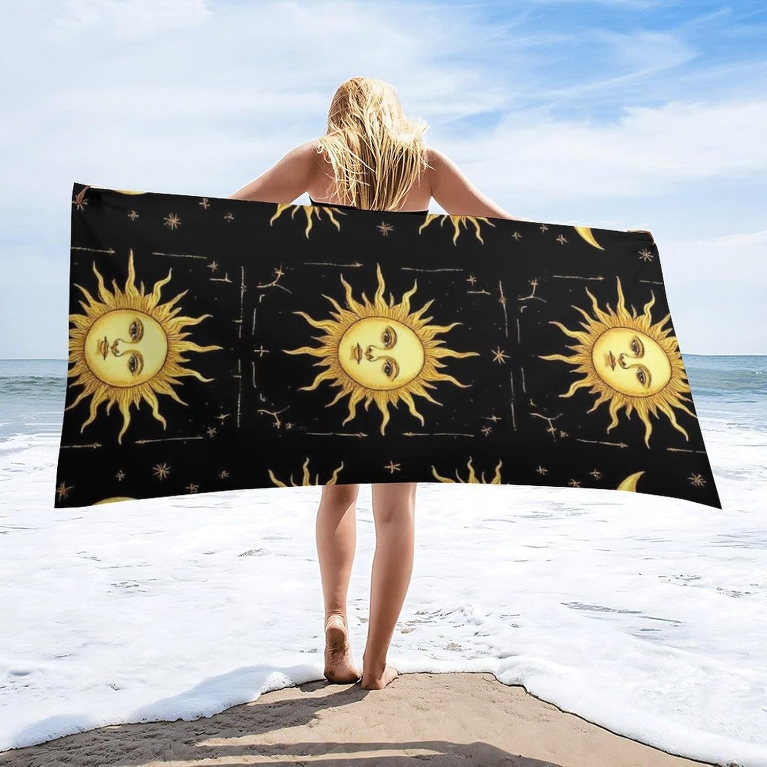 4SEE Beach Towel - Gold Sun Crescent Moon Star Design