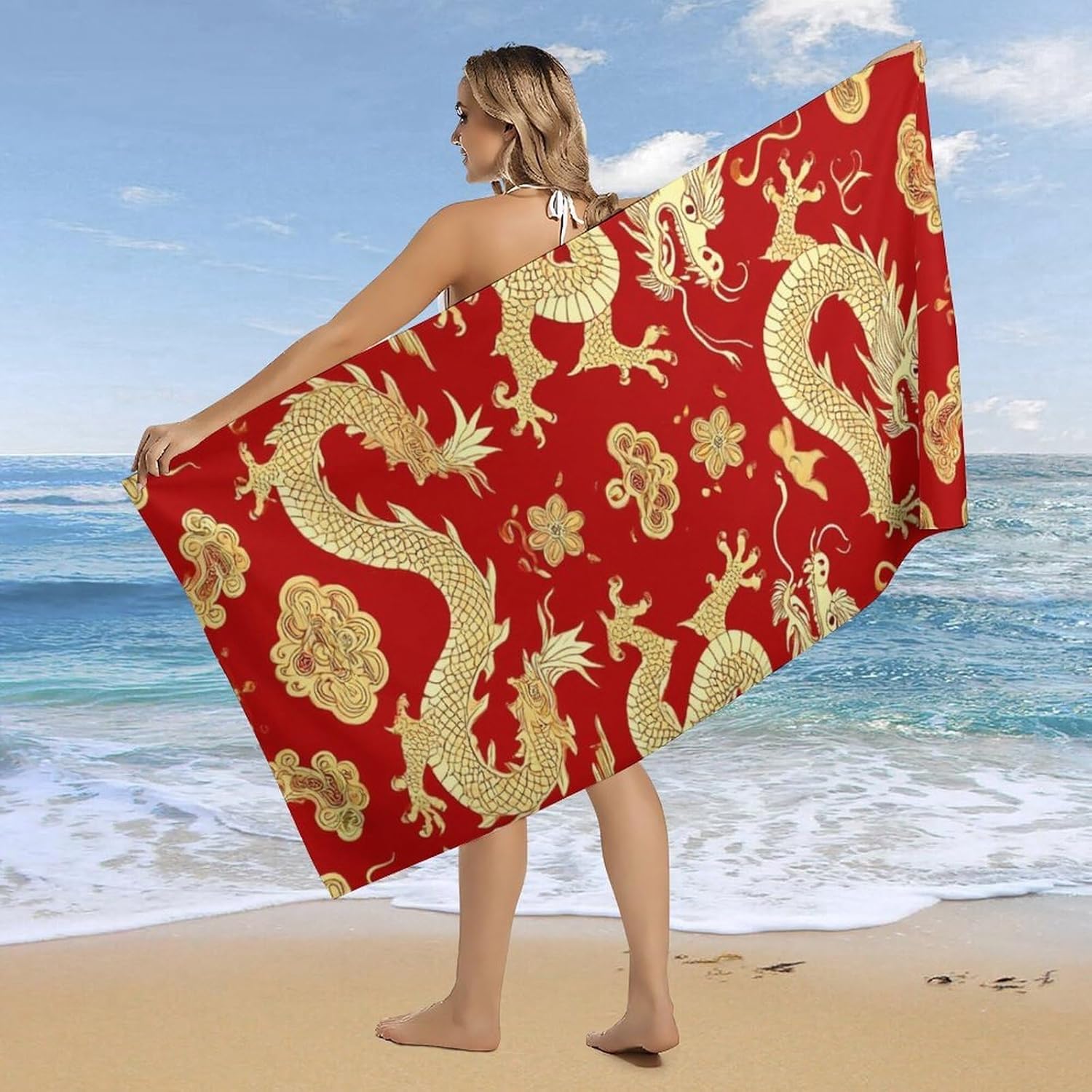 4SEE Super Soft Red Chinese Dragon Floral Beach Towel