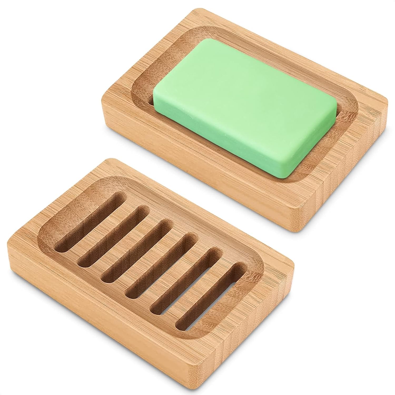 2Pcs Bamboo Soap Dish - Durable Eco-Friendly Holder for Bathroom Shower Kitchen