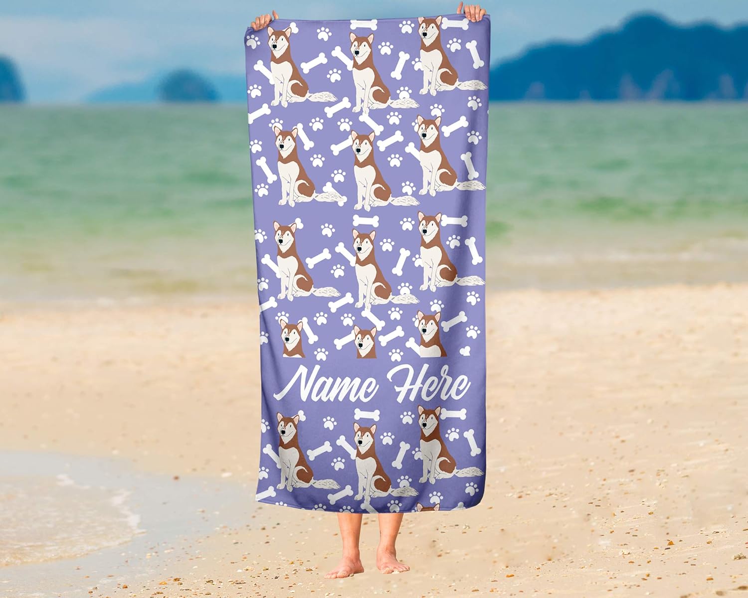 Personalized Siberian Red Husky Pattern Beach Towels - Large and Medium Sizes