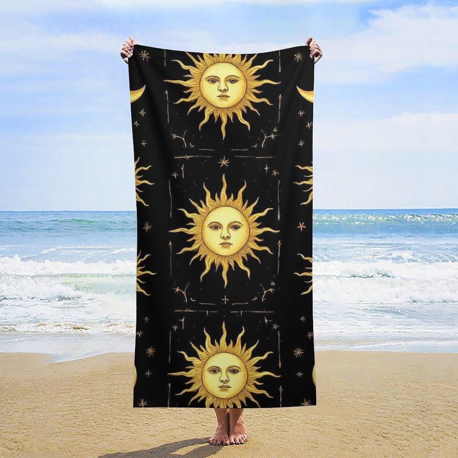 4SEE Beach Towel - Gold Sun Crescent Moon Star Design