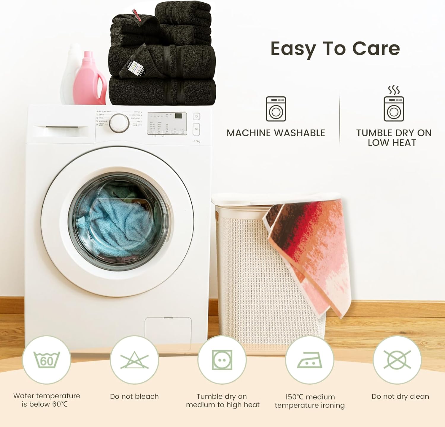 SEMAXE 6-Piece Solid Towel Set - Black 600GSM 100 Cotton