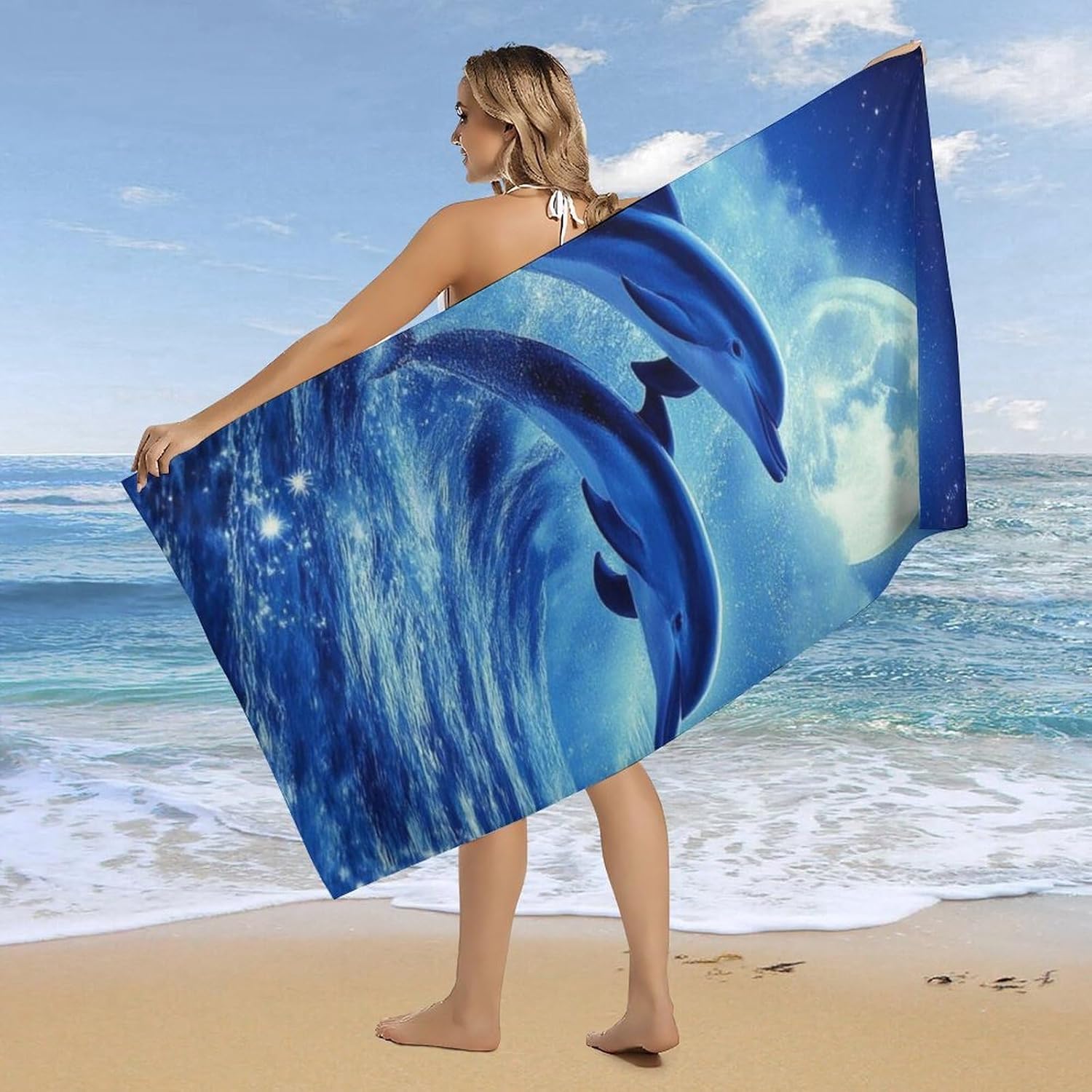 4SEE Extra Large Blue Beach Towel with Dolphin Design