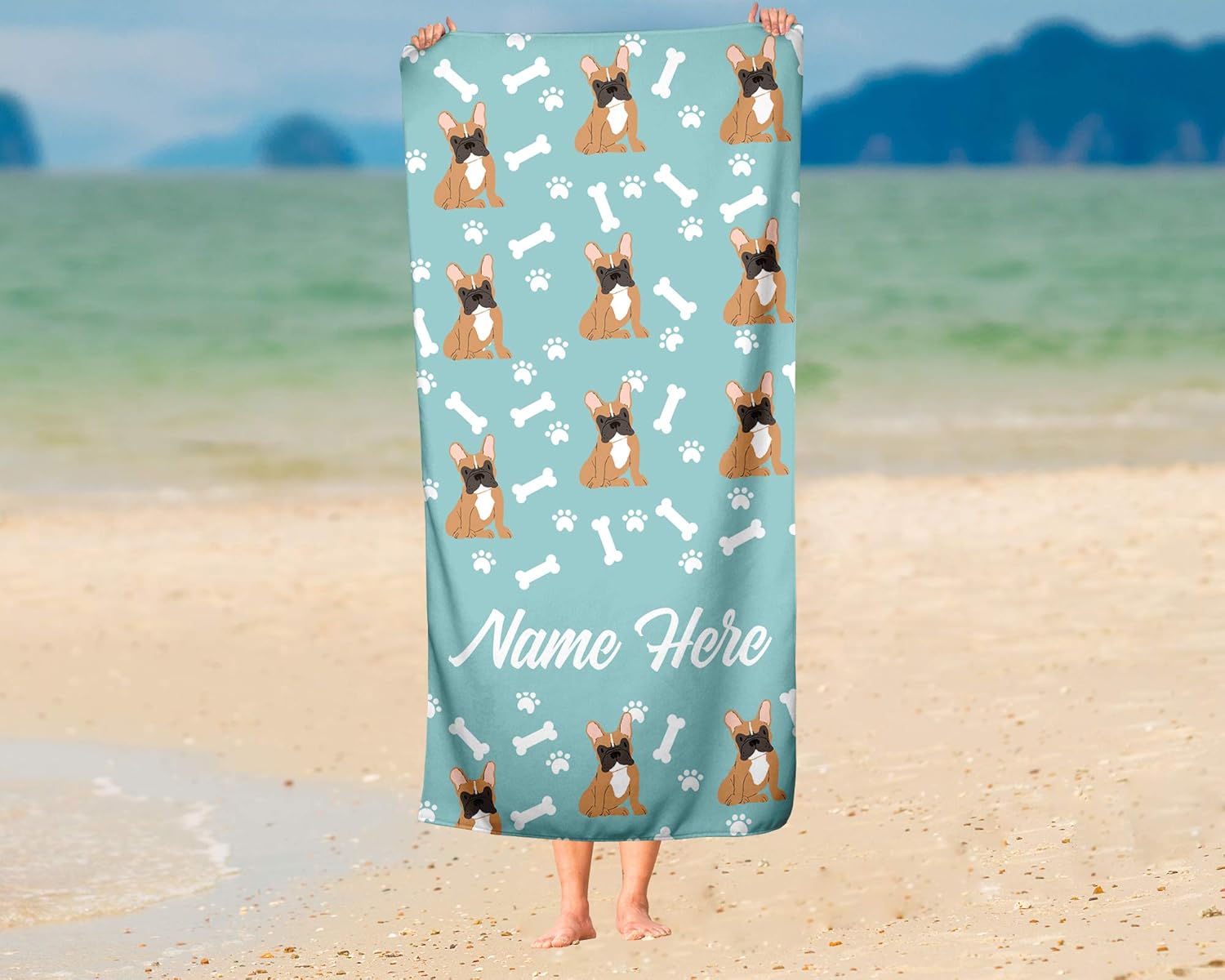 Personalized Brown Frenchie Beach and Bath Towels - Large Medium
