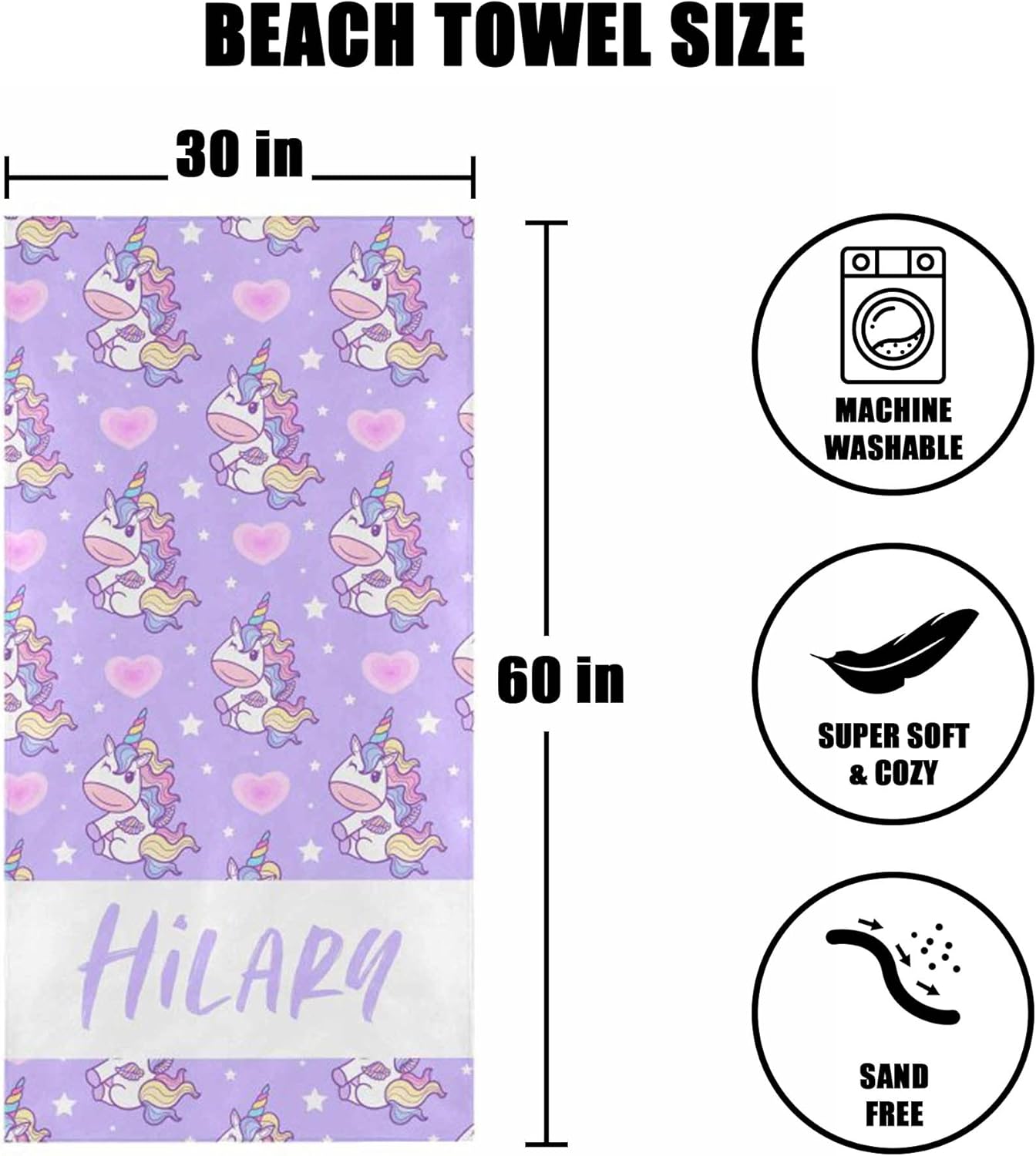 DIYKST Custom Beach Towel with Rainbow Unicorn Design