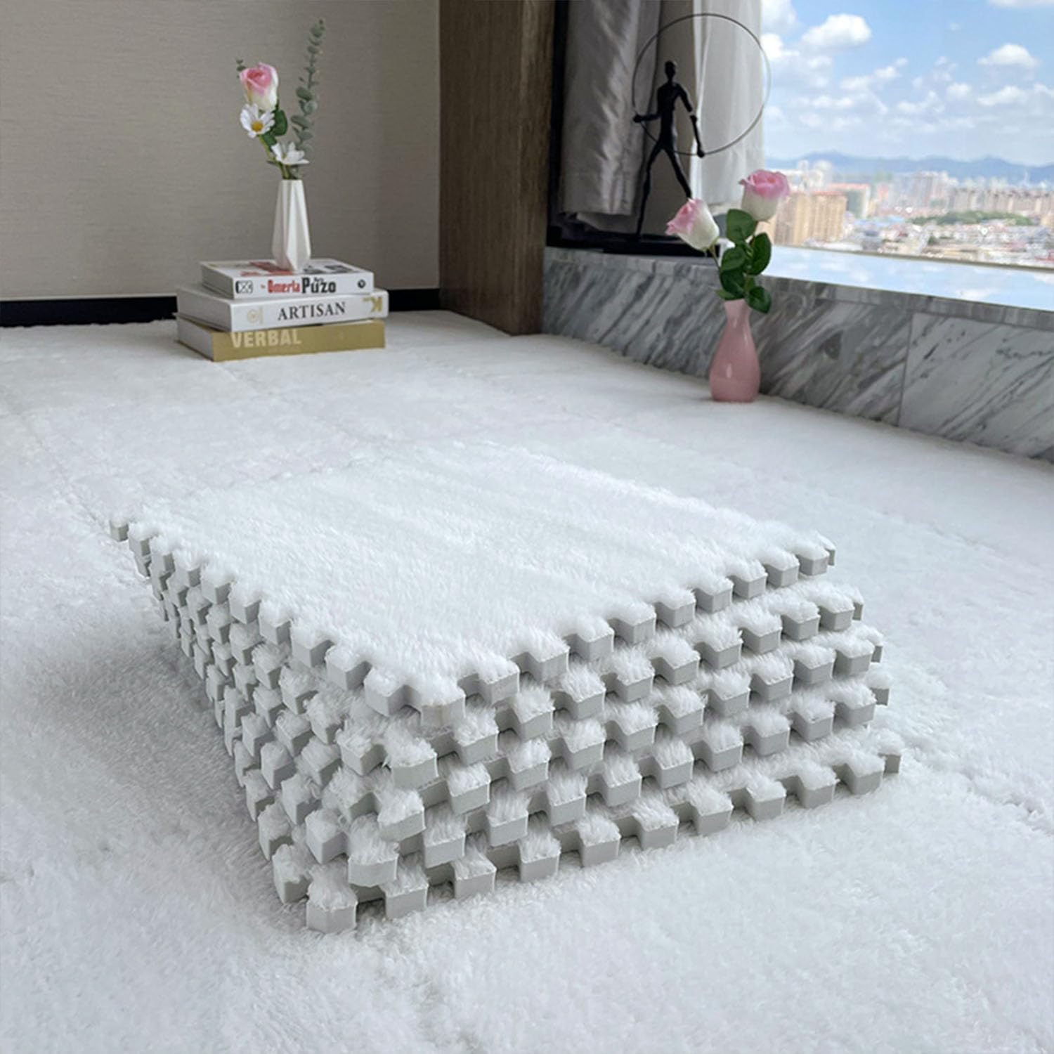 12 Pcs Shaggy Foam Carpet Tiles - Kids Room Mat 12x12 White