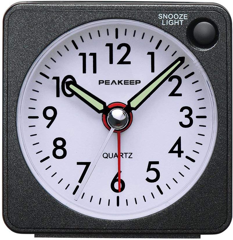 Peakeep Ultra Small Travel Alarm Clock with Snooze Light and Silent Movement Black