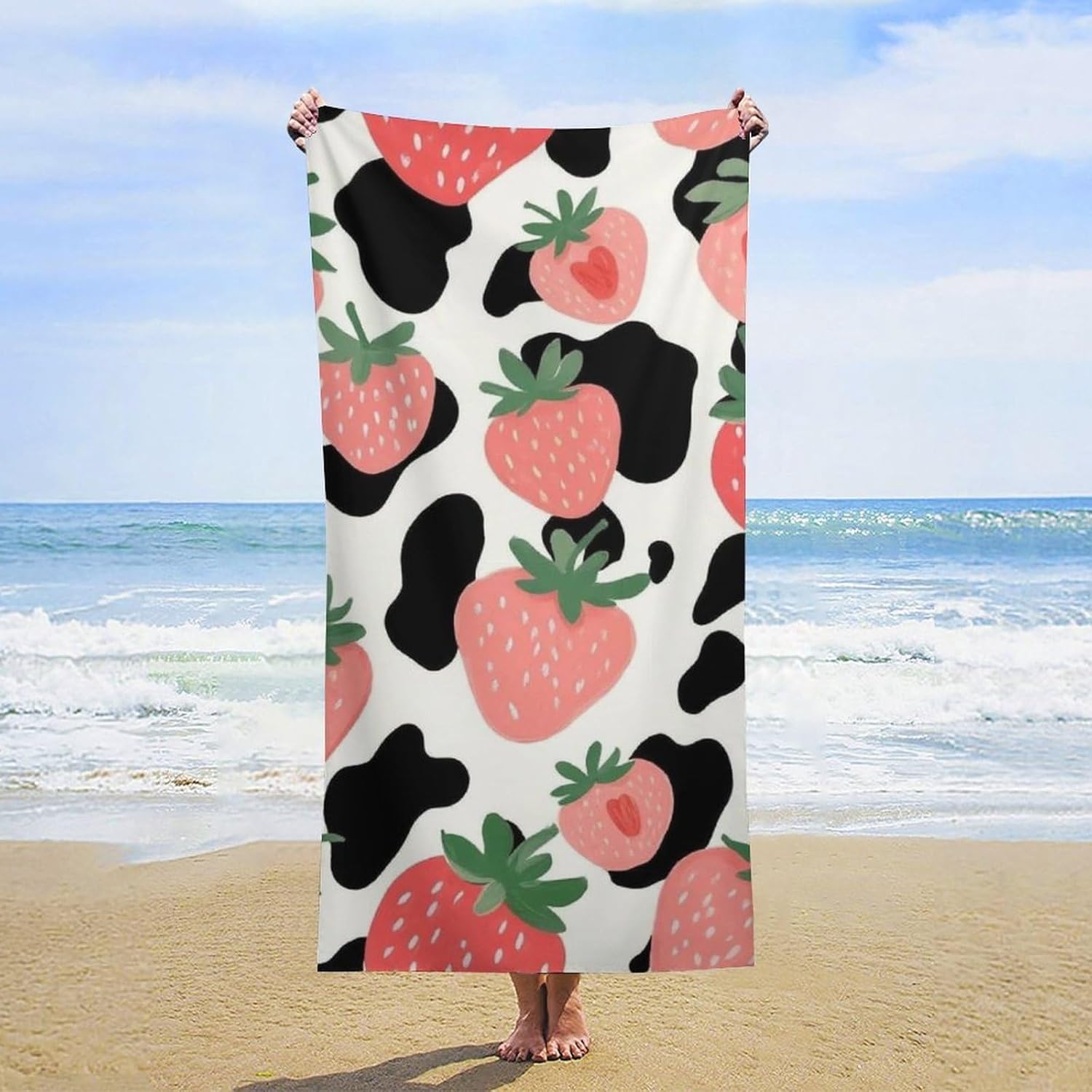 4SEE Pink Strawberry Cow Print Beach Towel for Women Men
