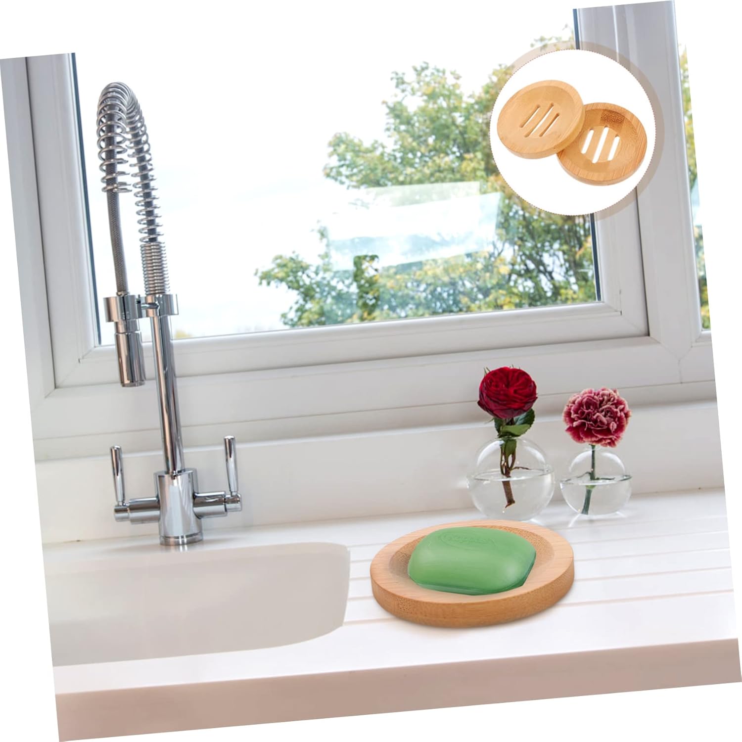 WOONEKY 2pcs Wooden Soap Holders Natural Drainage Bathroom Kitchen Sinks