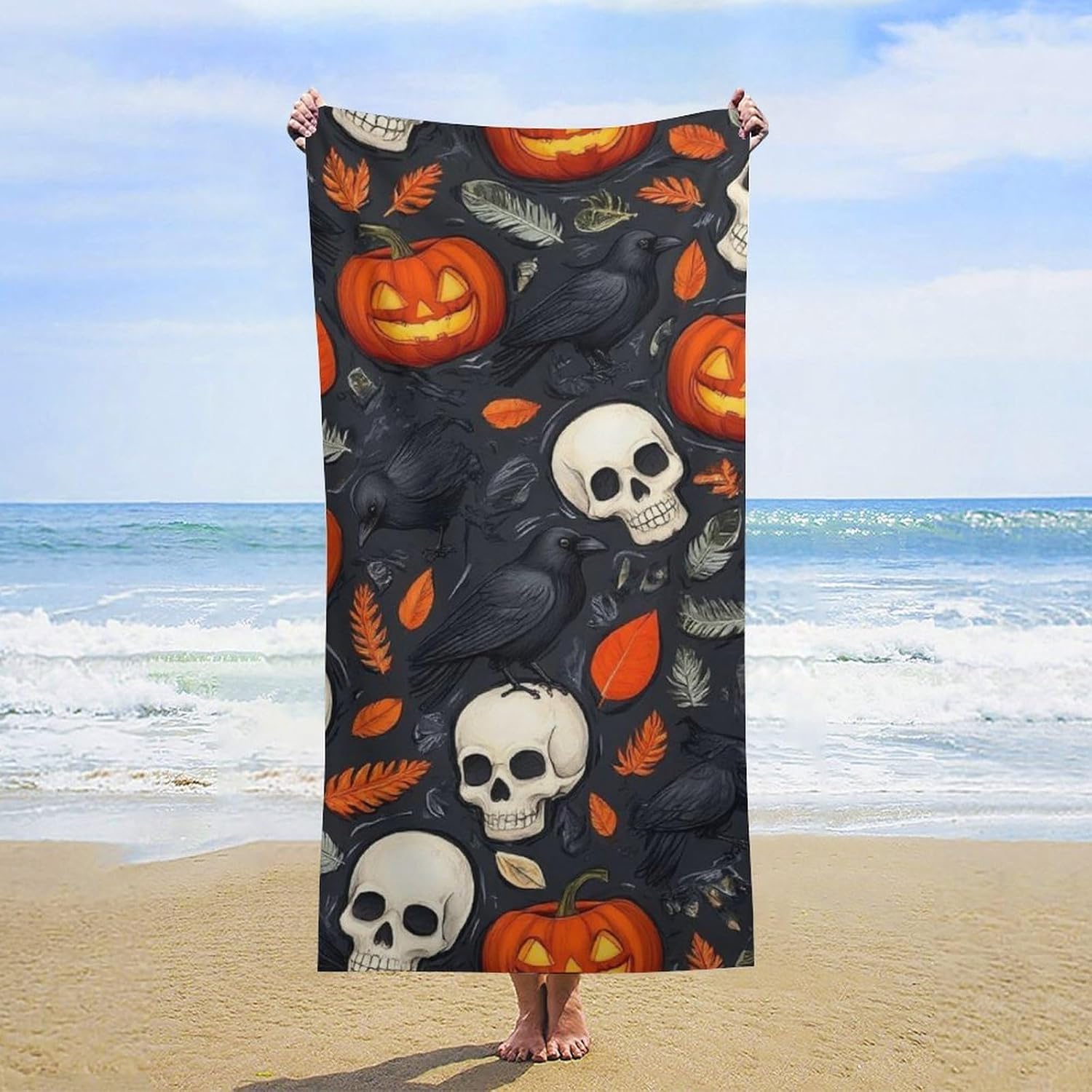 Extra Large Beach Towels with Halloween Raven Design
