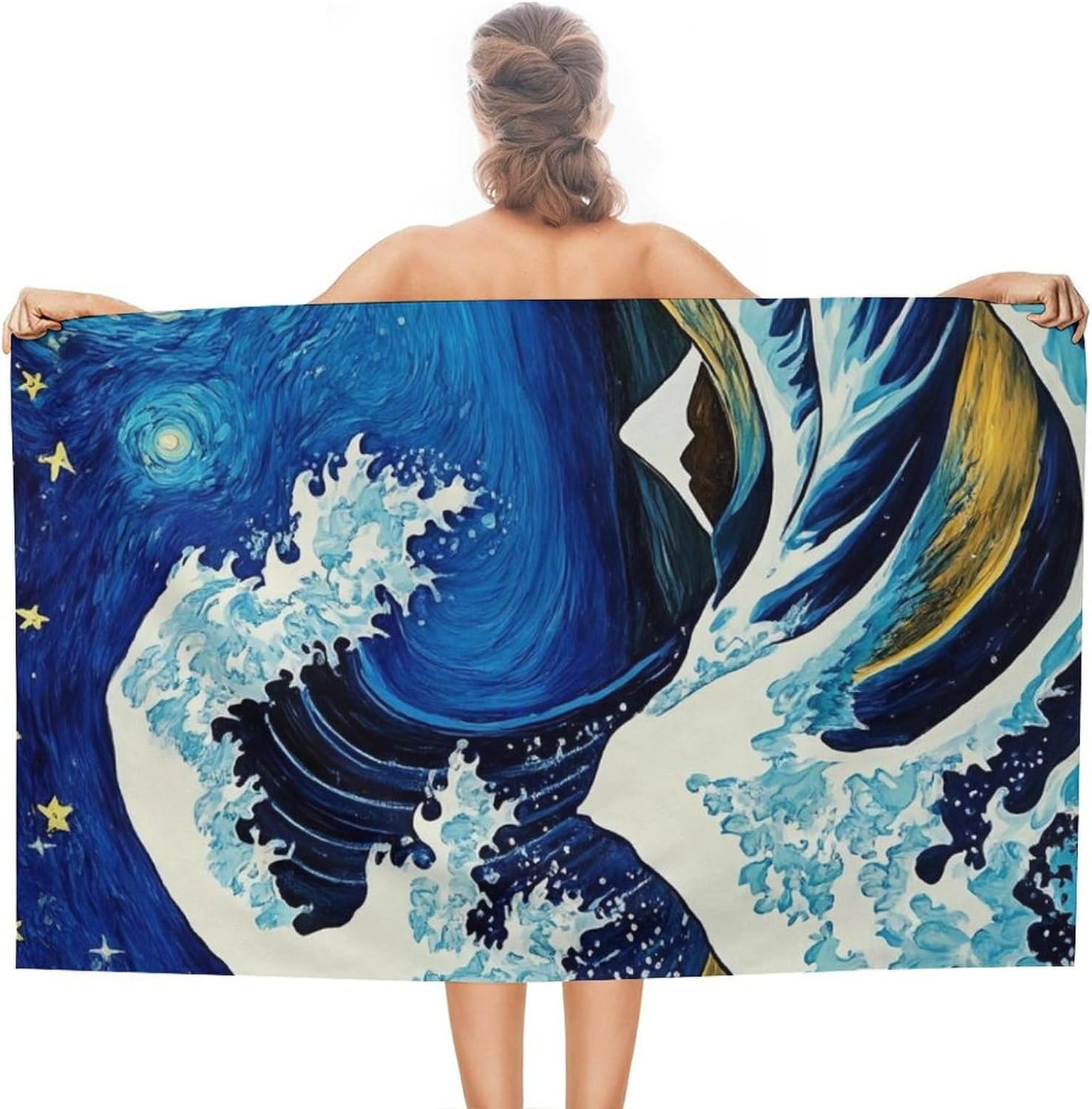 Quick Dry Oversize Bath Towel with Ocean Wave Starry Sky Design