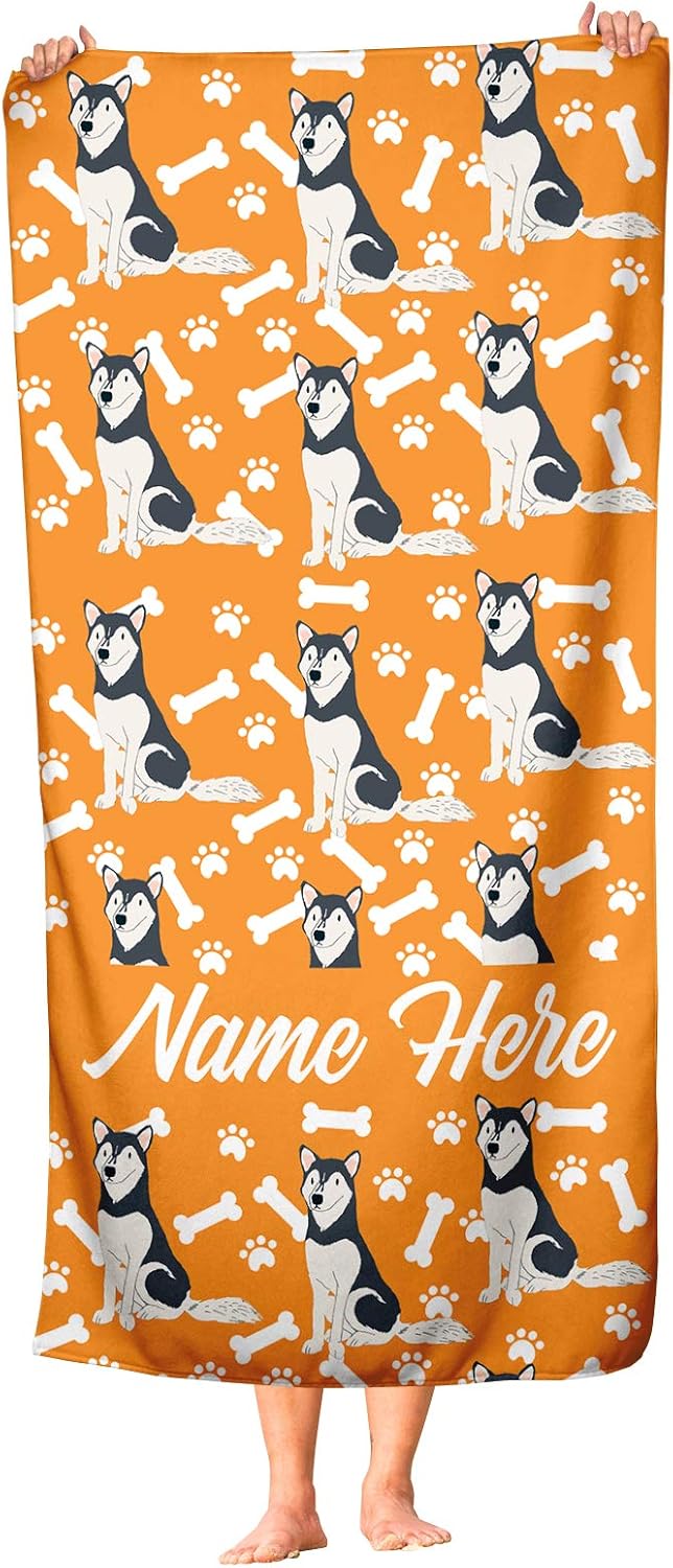 Personalized Siberian Husky Beach Towel - Custom Name Design