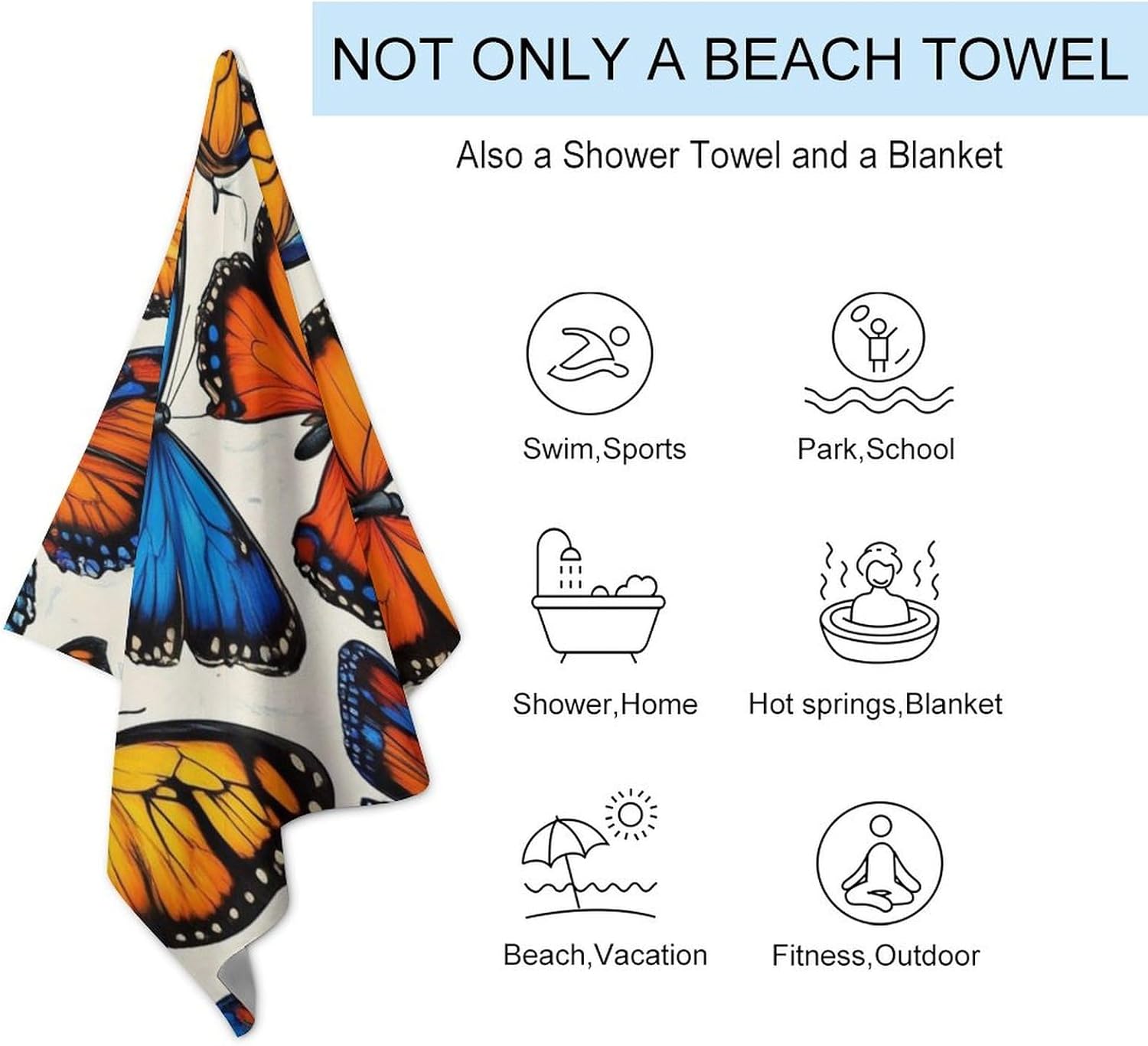4SEE Premium Beach Towel with Blue Orange Butterflies Design