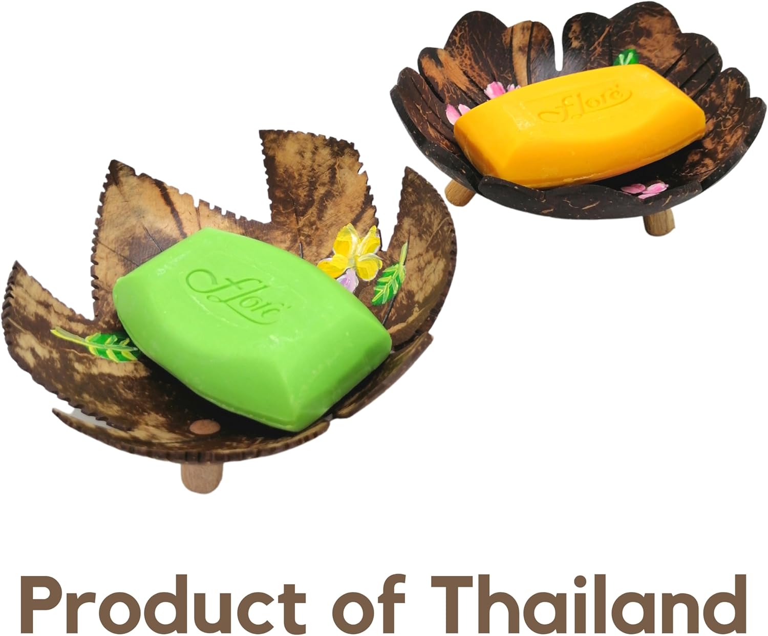 Coconut Shell Soap Dish with Flowers and Zig Zag Leaves 1