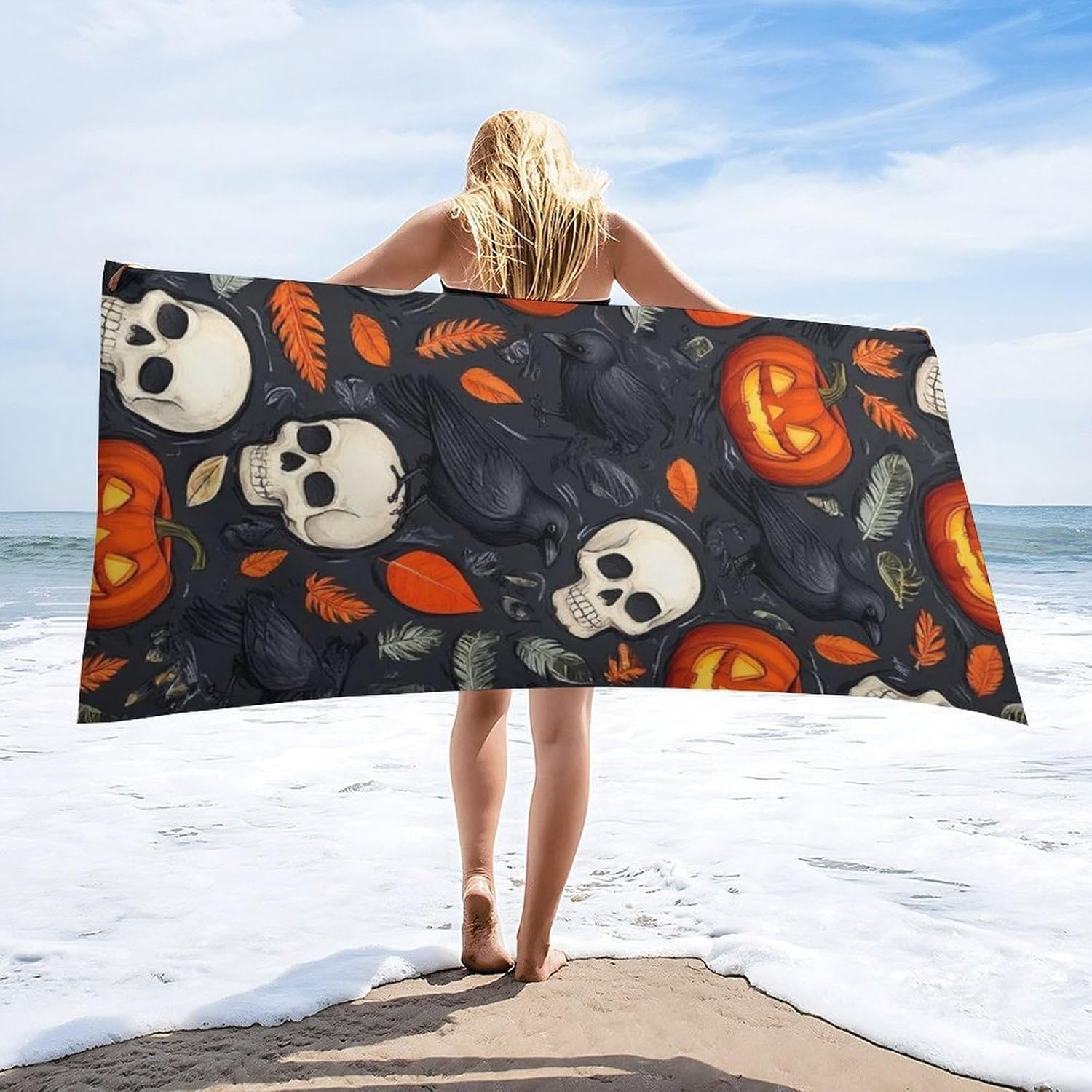 Extra Large Beach Towels with Halloween Raven Design