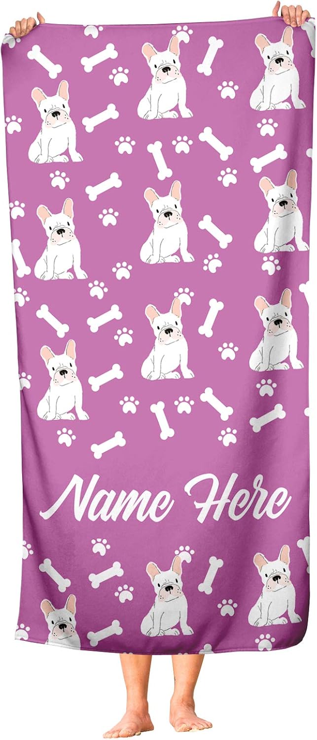 Personalized White French Bulldog Pattern Bath Towels - Large Medium