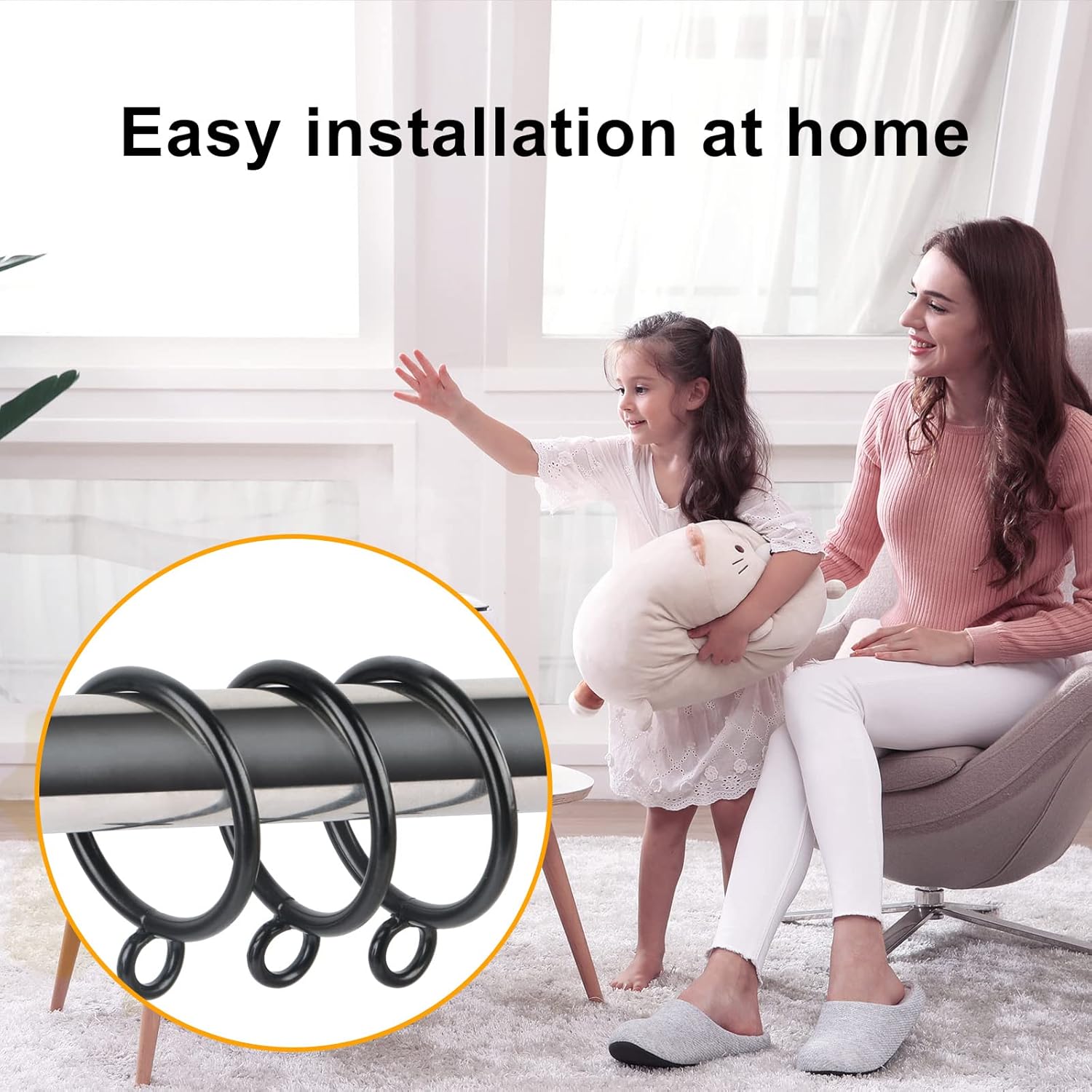 Hanitronic Black Drapery Curtain Ring Set of 30PCS