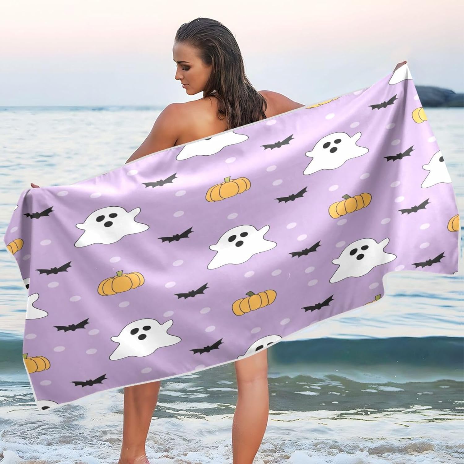 YETTASBIN Halloween Ghost Beach Towel with Travel Bag 1