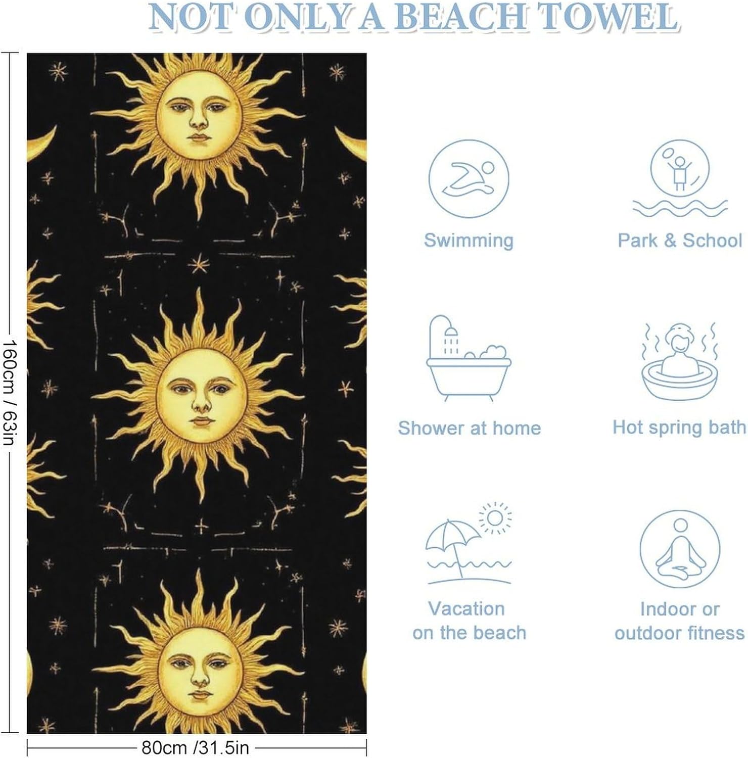 4SEE Beach Towel - Gold Sun Crescent Moon Star Design