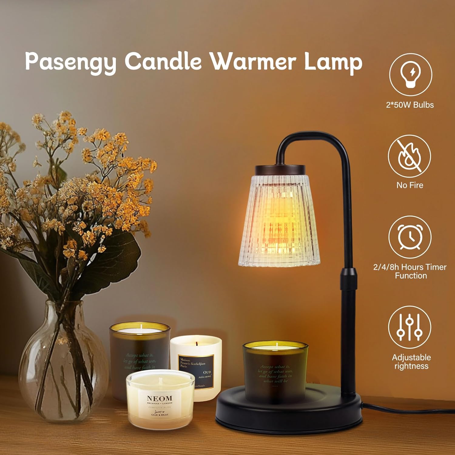 Pasengy Adjustable Dimmable Candle Warmer Lamp with Timer 2 Bulbs Black