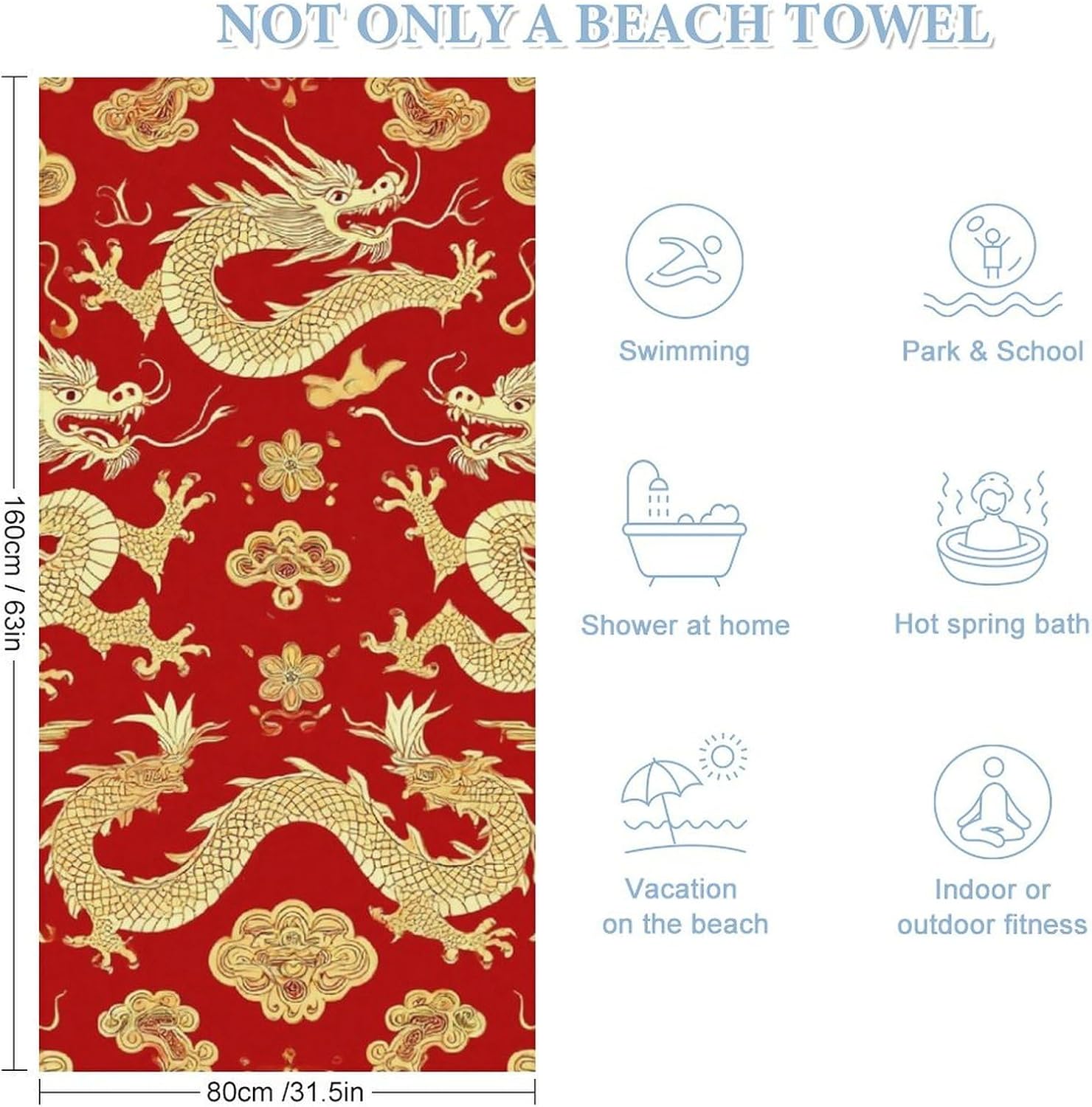 4SEE Super Soft Red Chinese Dragon Floral Beach Towel