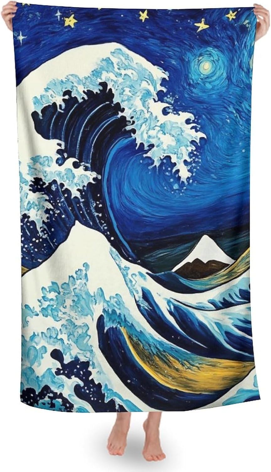 Quick Dry Oversize Bath Towel with Ocean Wave Starry Sky Design