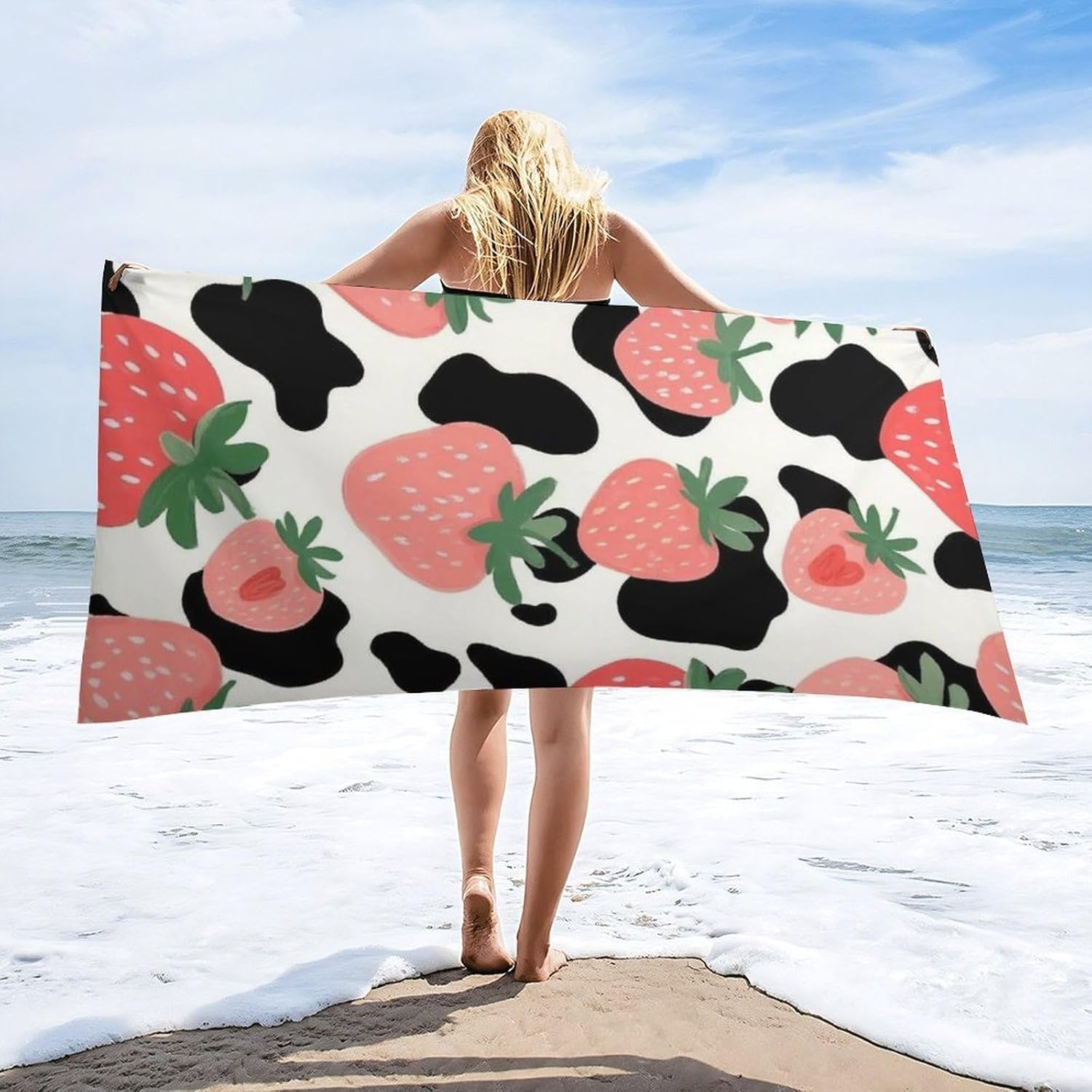 4SEE Pink Strawberry Cow Print Beach Towel for Women Men