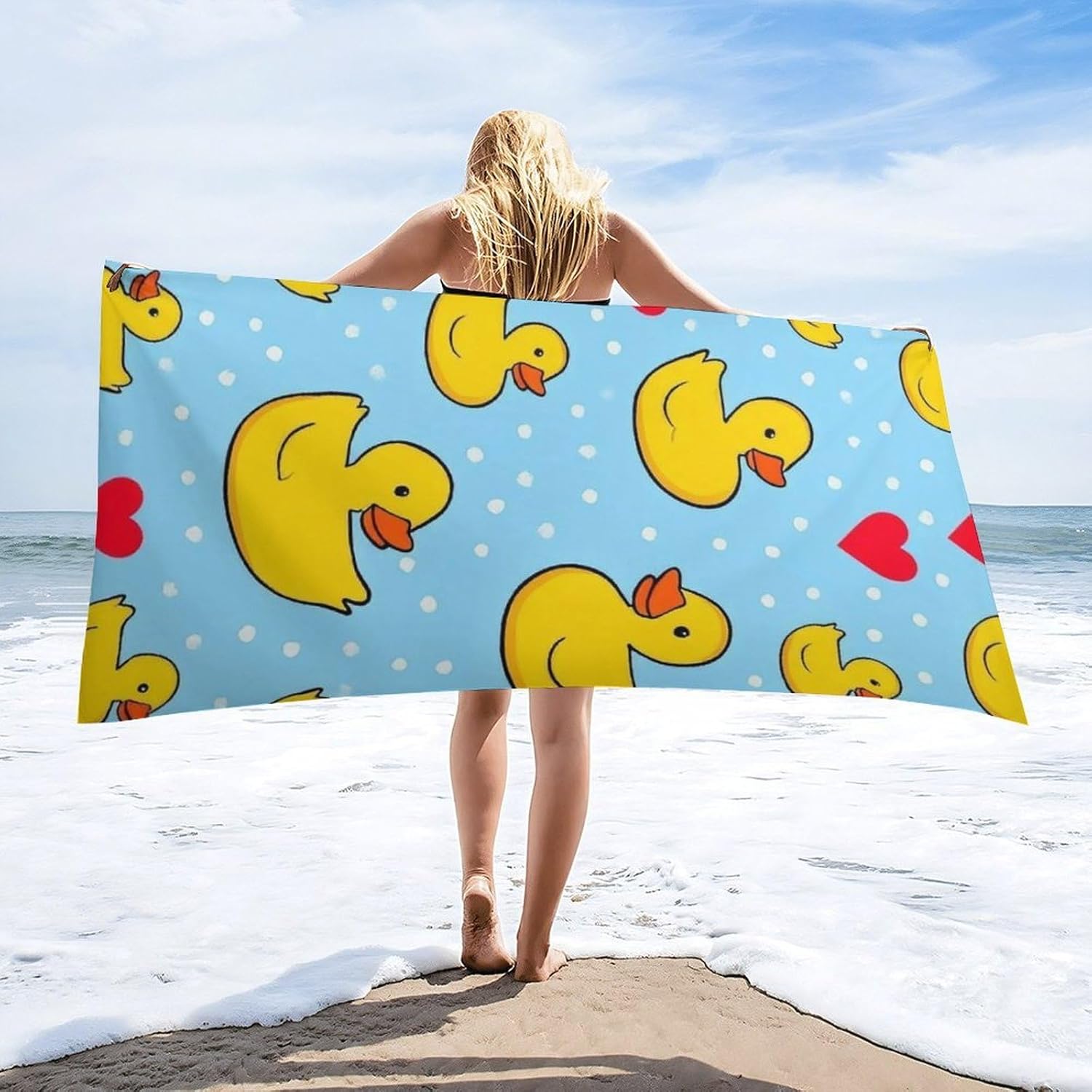 Extra Large Beach Towel with Heart Dots and Ducks Pattern