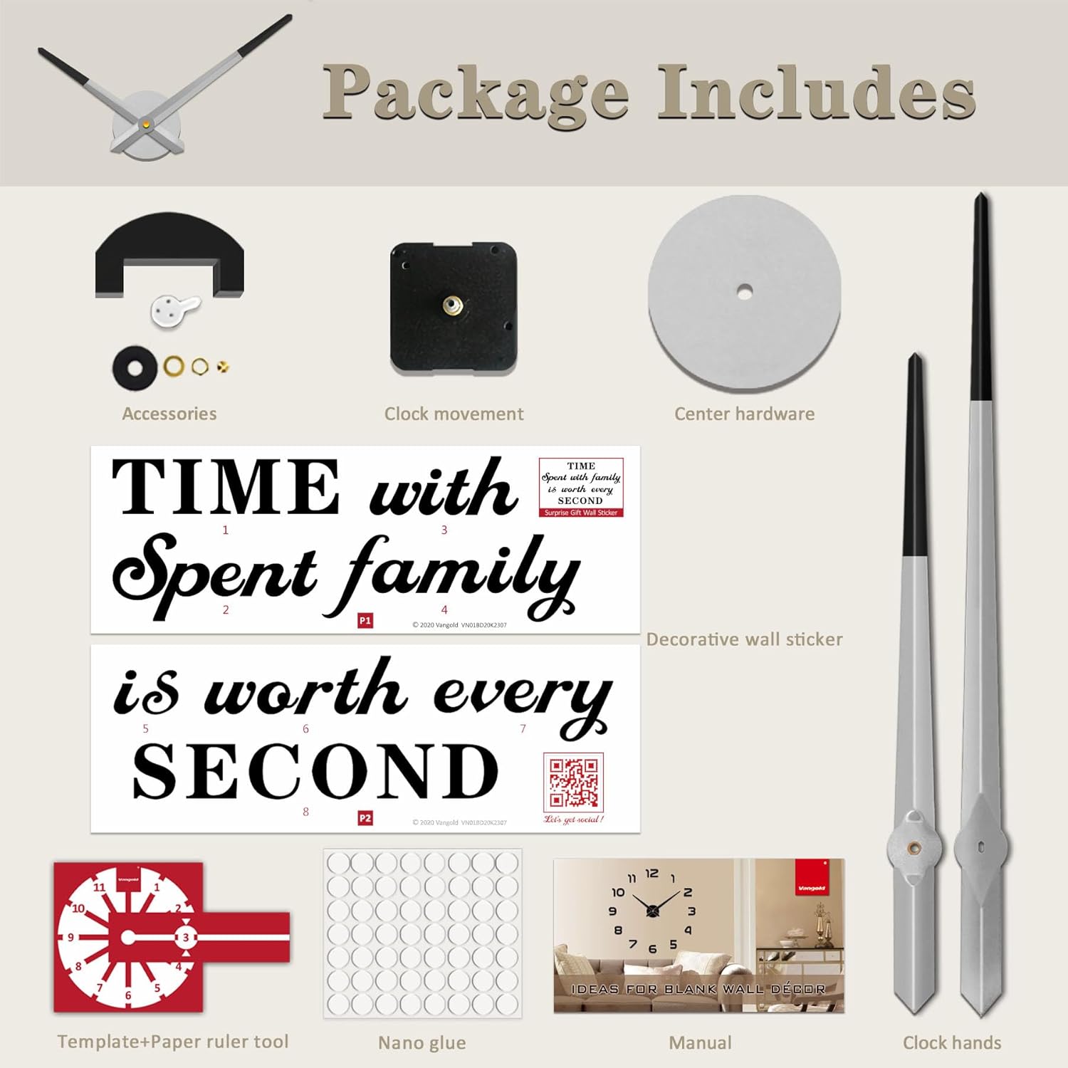 VANGOLD 3D Wall Clock Hands DIY Set with Mechanism and Sticker
