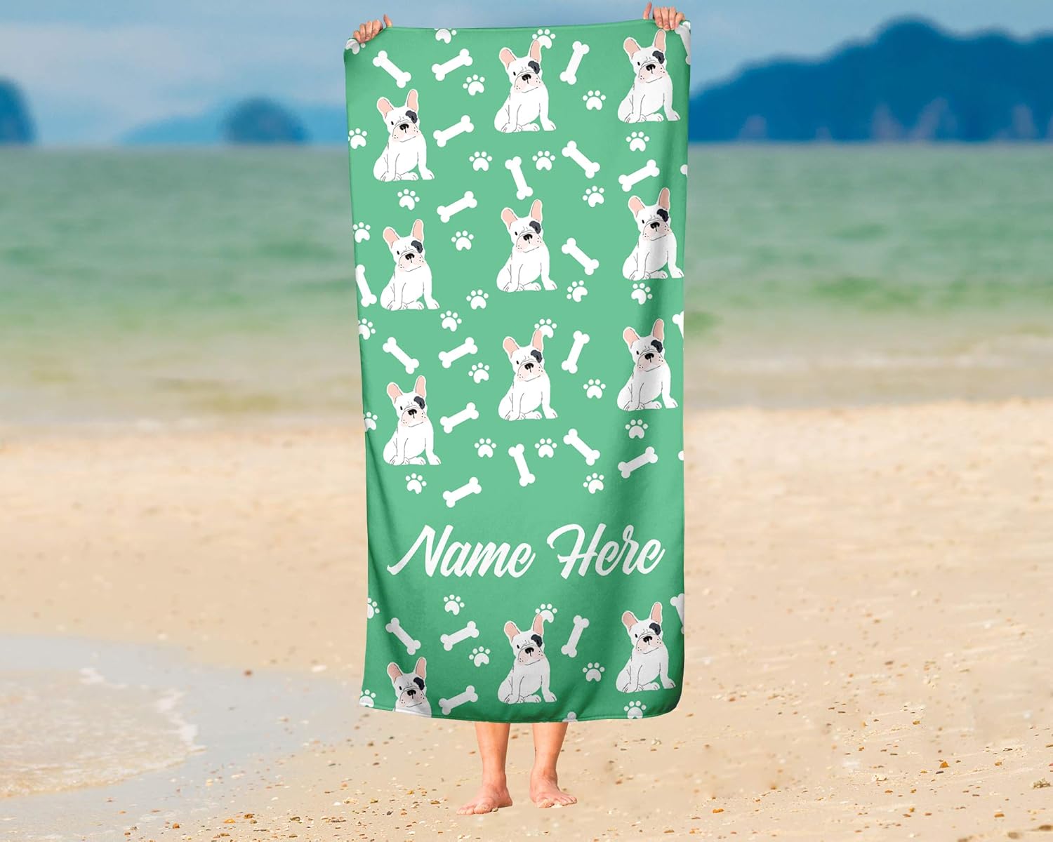 Personalized Spotted French Bulldog Beach Towel - Large Medium