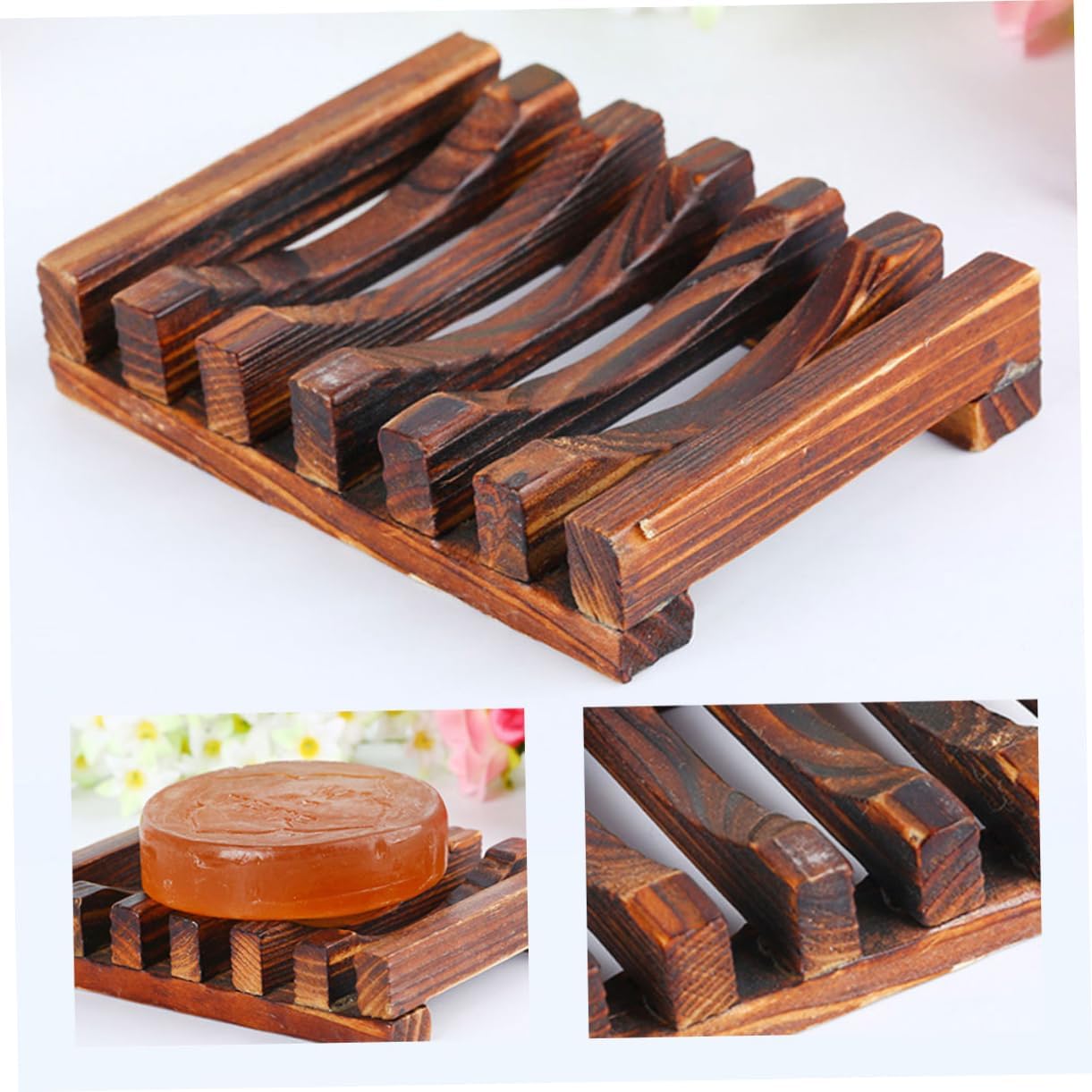 3pcs Carbonized Wooden Soap Dish Set Waterproof Drain Soap Rack