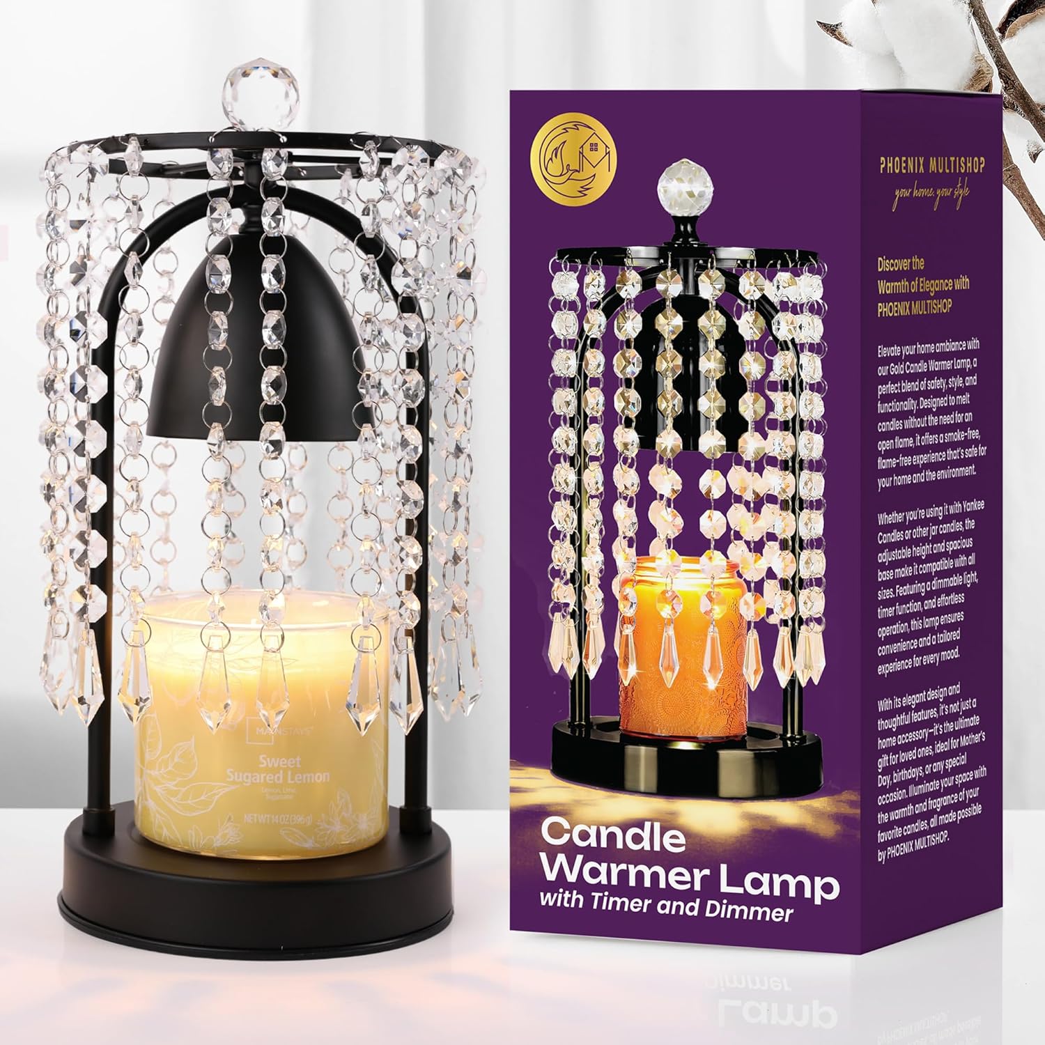 Elegant Candle Warmer Lamp with Timer and Crystals