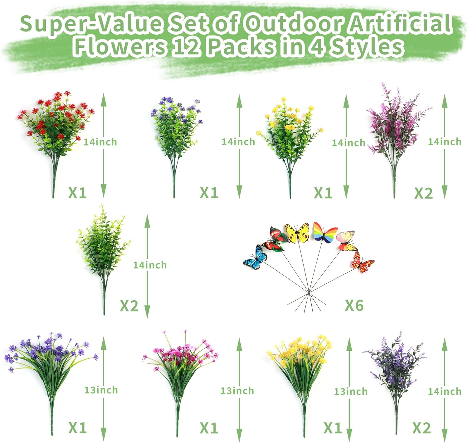 12 Bundles Artificial Flowers for Outdoor Decor