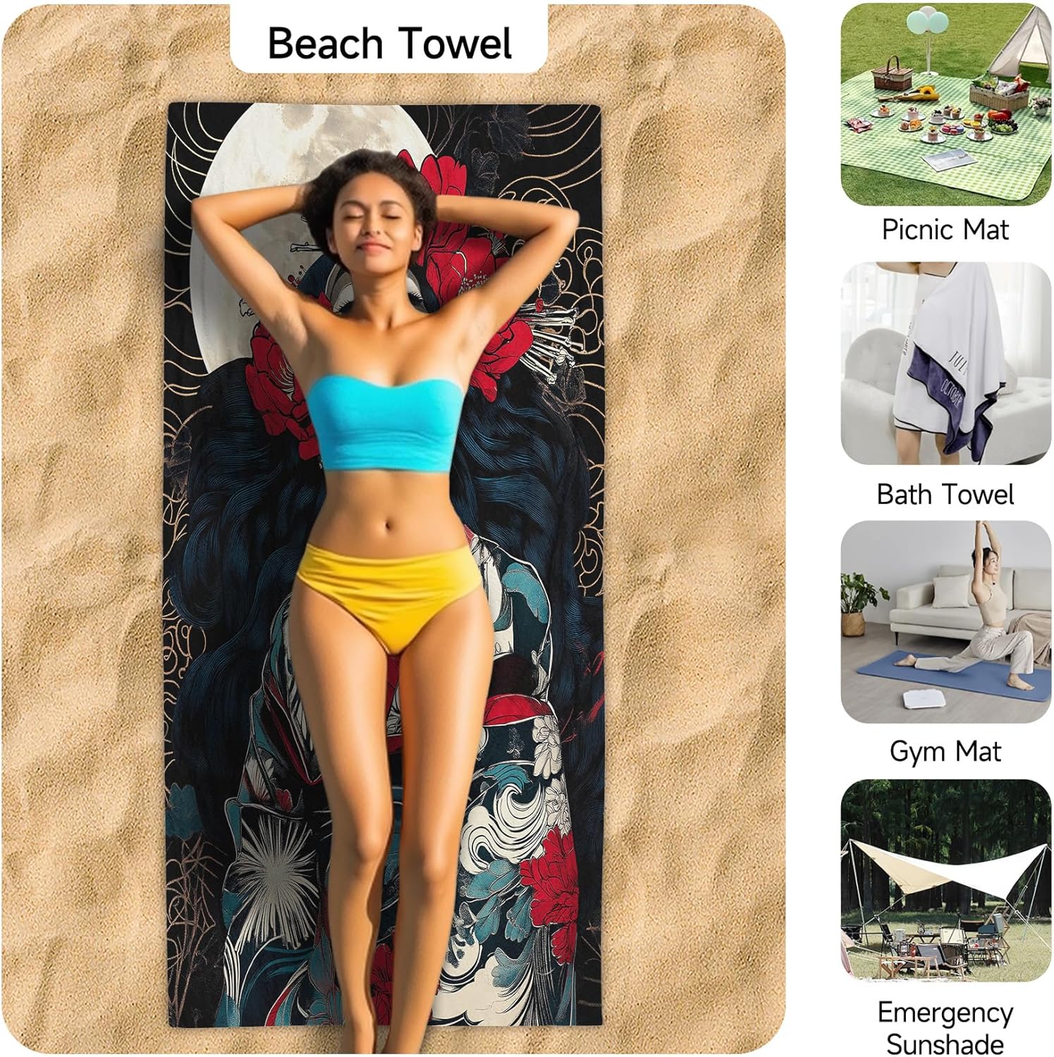 PolXmyxor Magnetic Beach Towel with Buckle Black Red Flowers 27x52