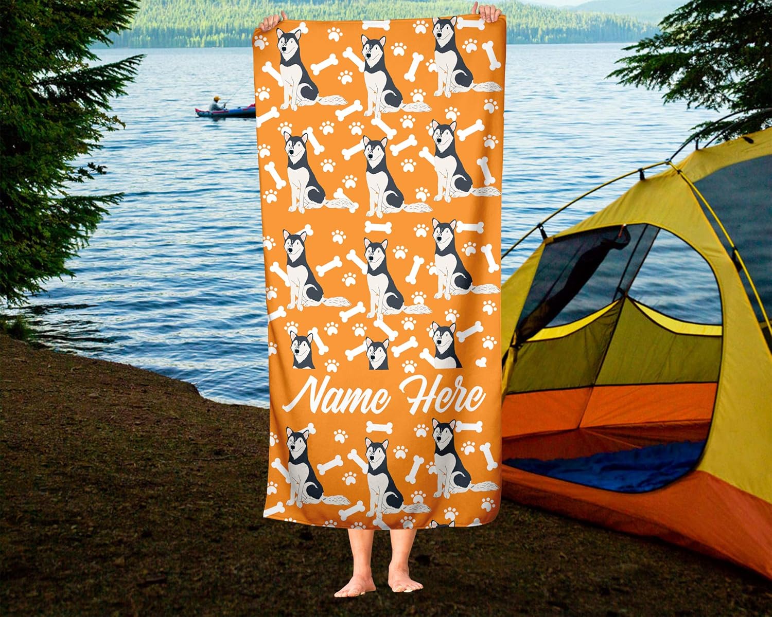 Personalized Siberian Husky Beach Towel - Custom Name Design