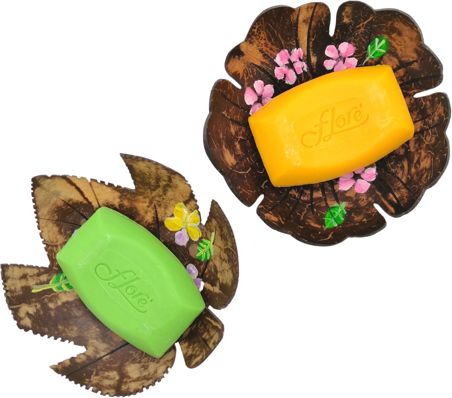 Coconut Shell Soap Dish with Flowers and Zig Zag Leaves 1