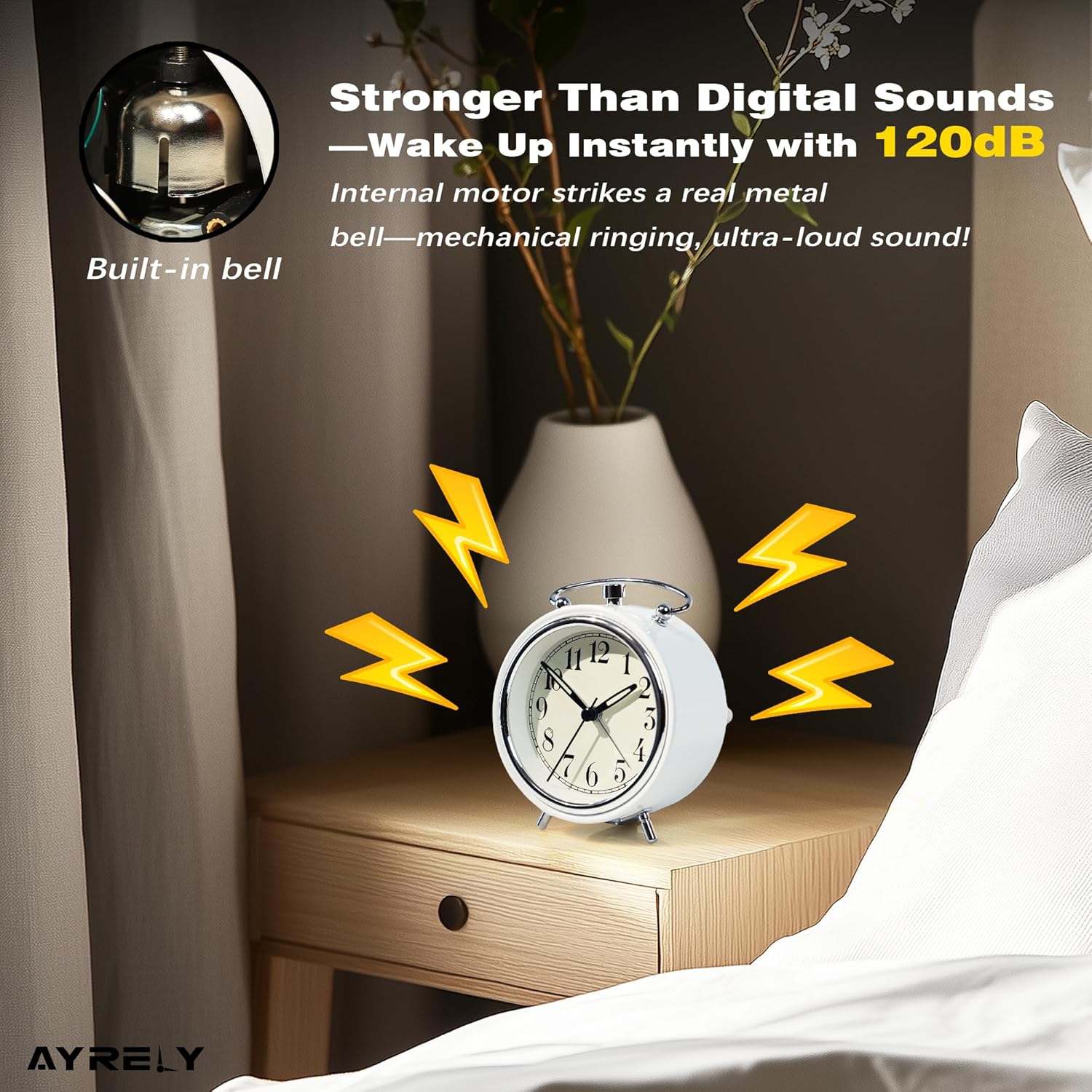 AYRELY 4 Super Loud Alarm Clock with Metal Bell and Night Light White