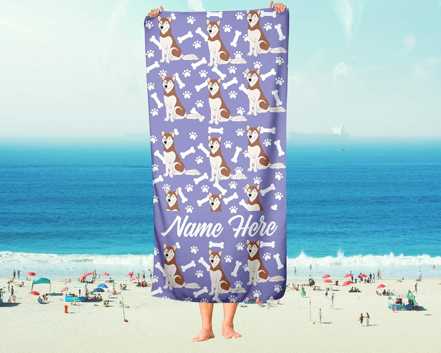Personalized Siberian Red Husky Pattern Beach Towels - Large and Medium Sizes