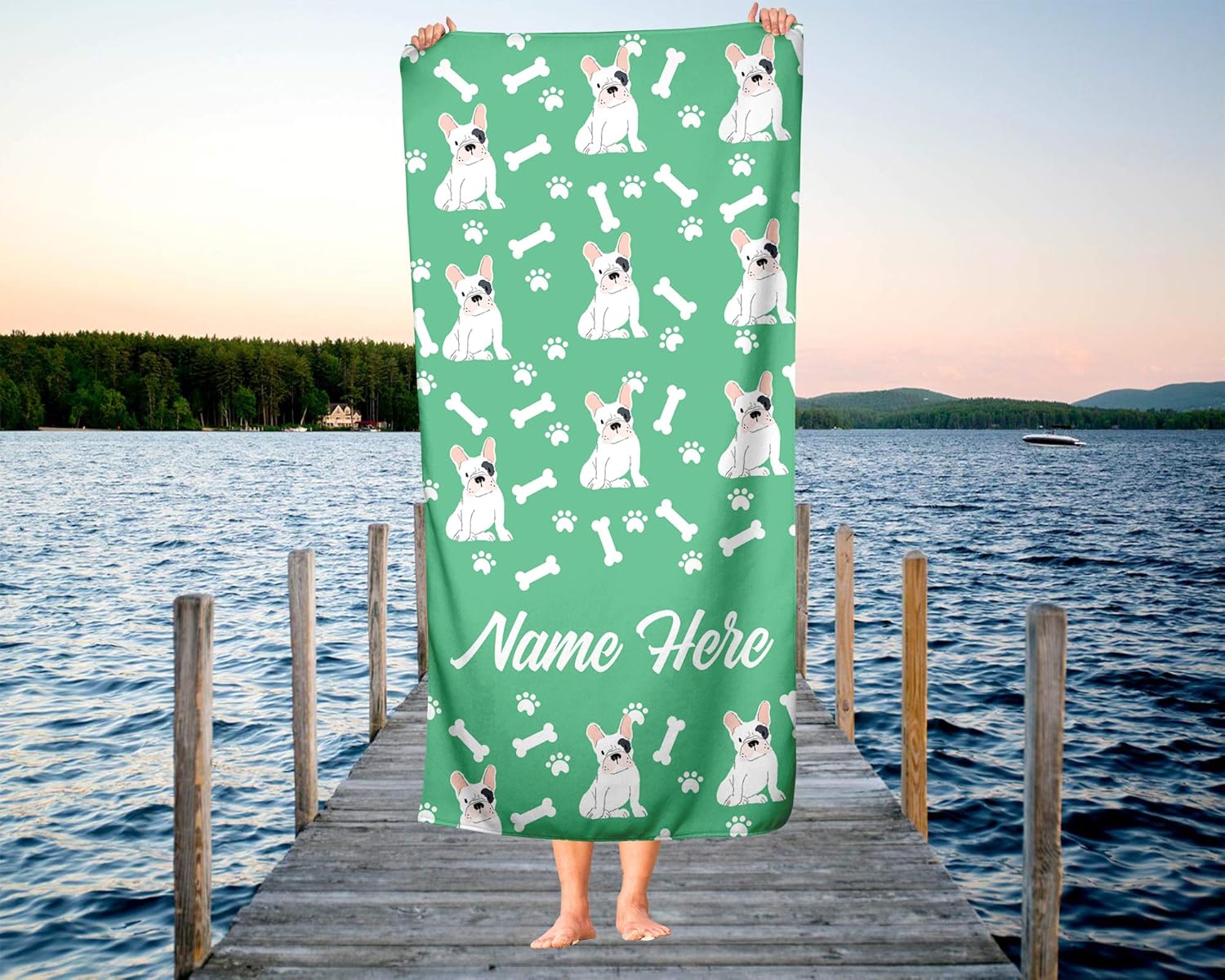 Personalized Spotted French Bulldog Beach Towel - Large Medium