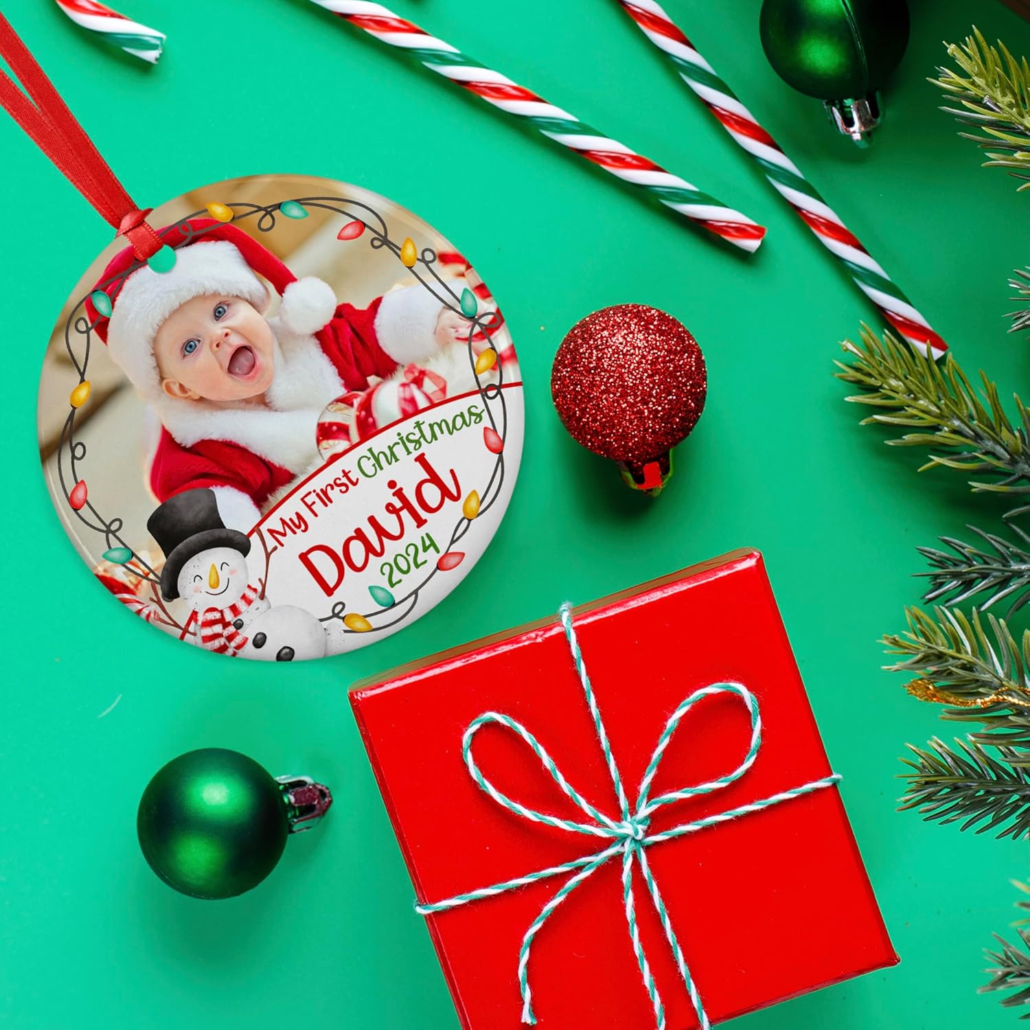 Custom Babys First Christmas Ornament 2024 with Photo Name