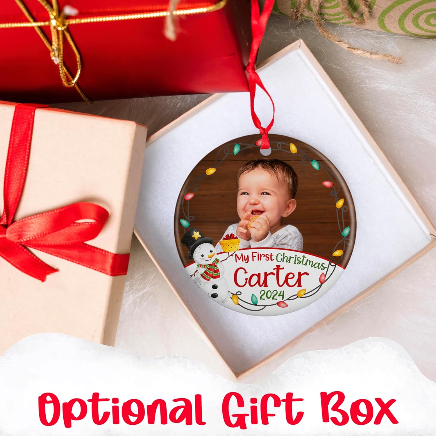Custom Babys First Christmas Ornament 2024 with Photo Name