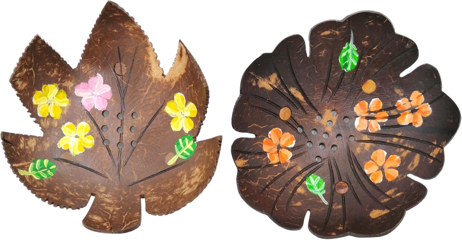 Coconut Shell Soap Dish with Flowers and Zig Zag Leaves 1