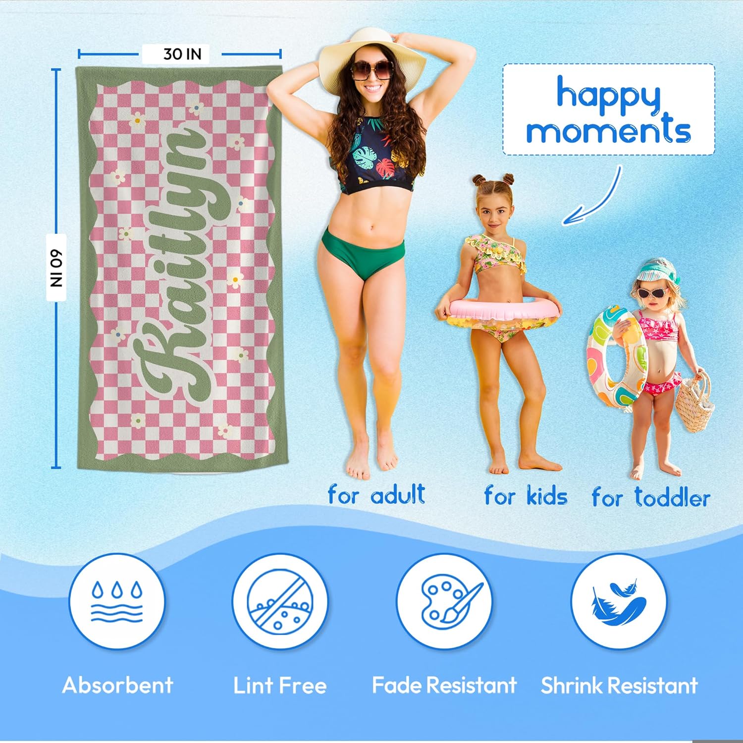 Personalized Beach Towel with Name and Custom Flower Design