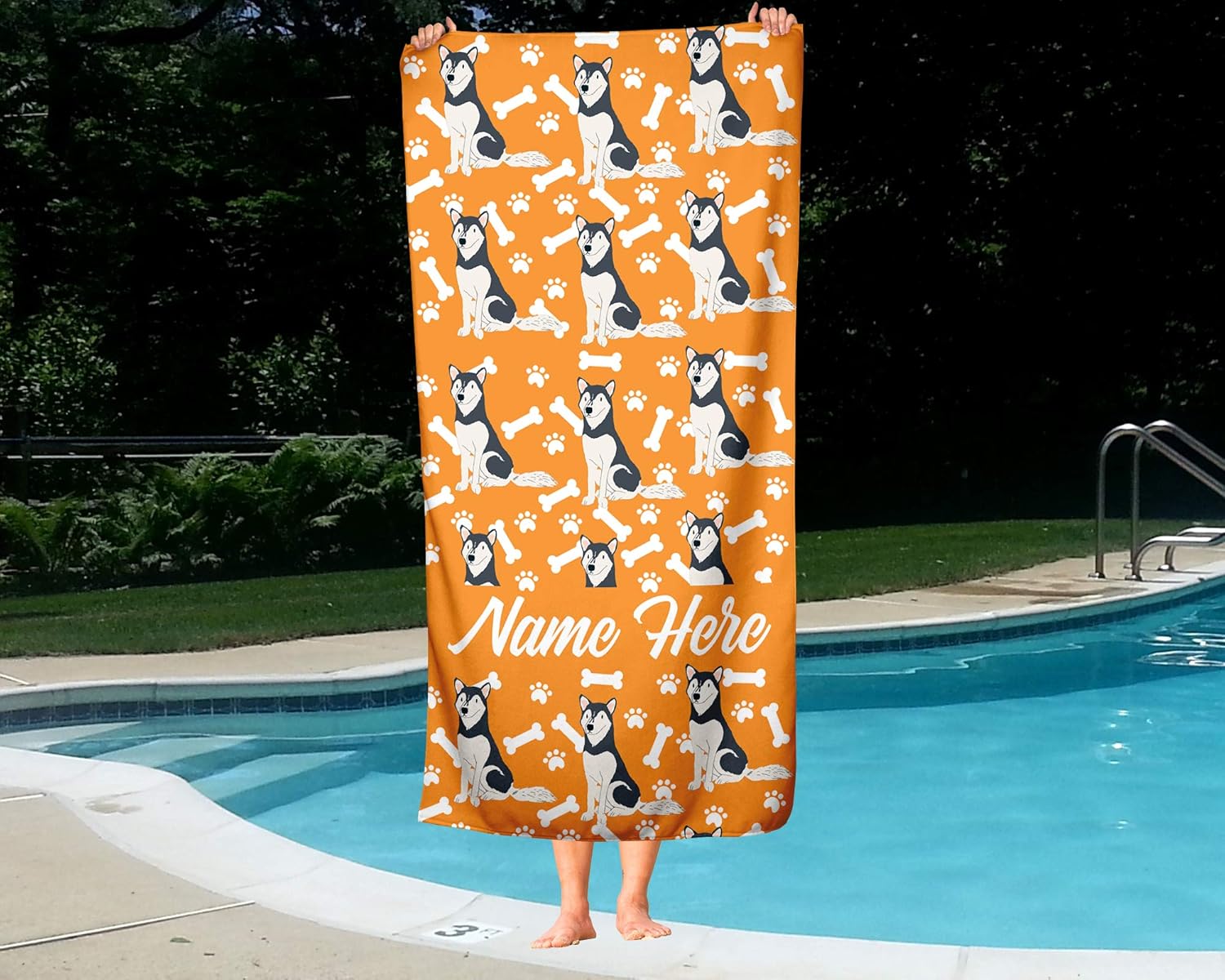 Personalized Siberian Husky Beach Towel - Custom Name Design