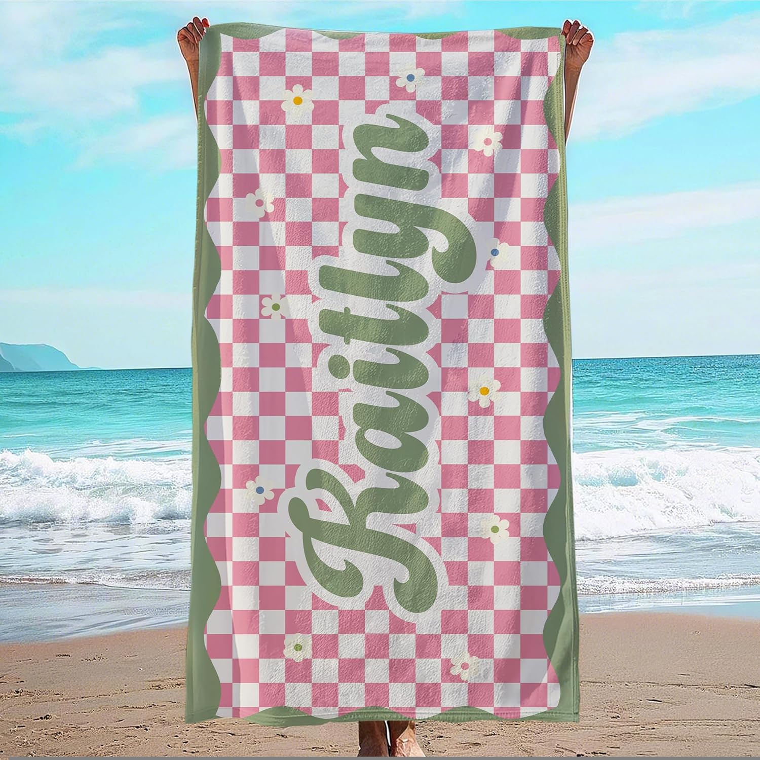 Personalized Beach Towel with Name and Custom Flower Design
