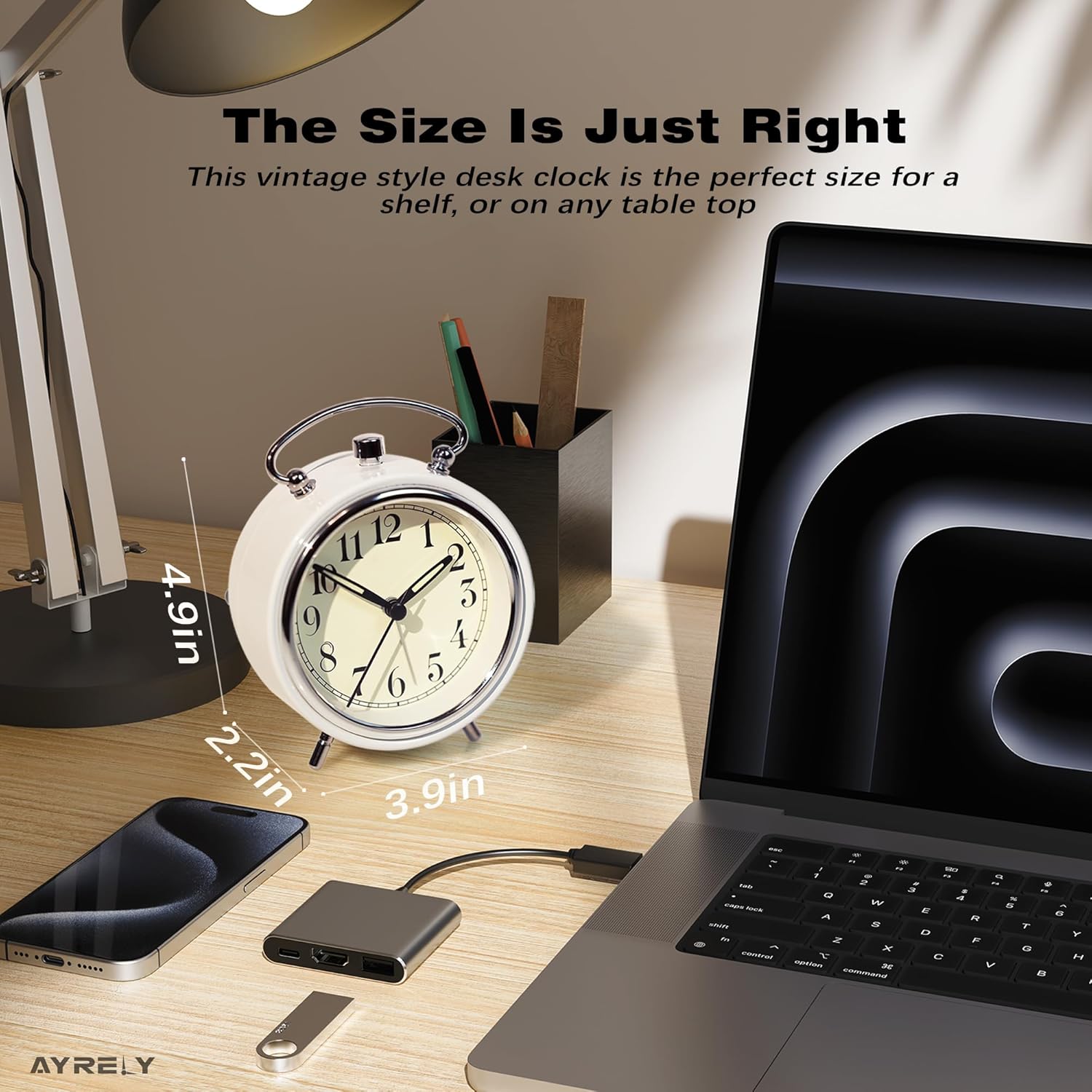 AYRELY 4 Super Loud Alarm Clock with Metal Bell and Night Light White