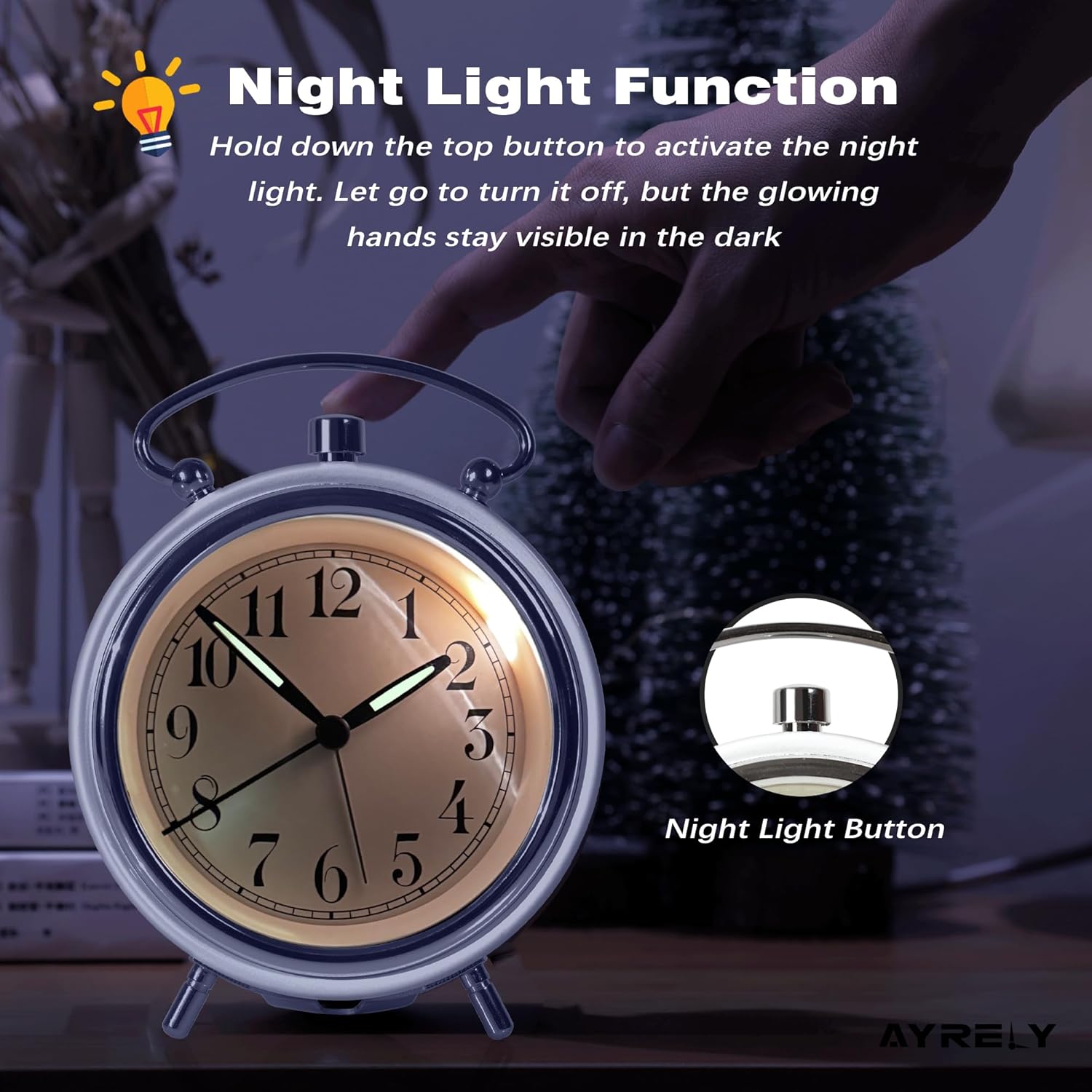 AYRELY 4 Super Loud Alarm Clock with Metal Bell and Night Light White