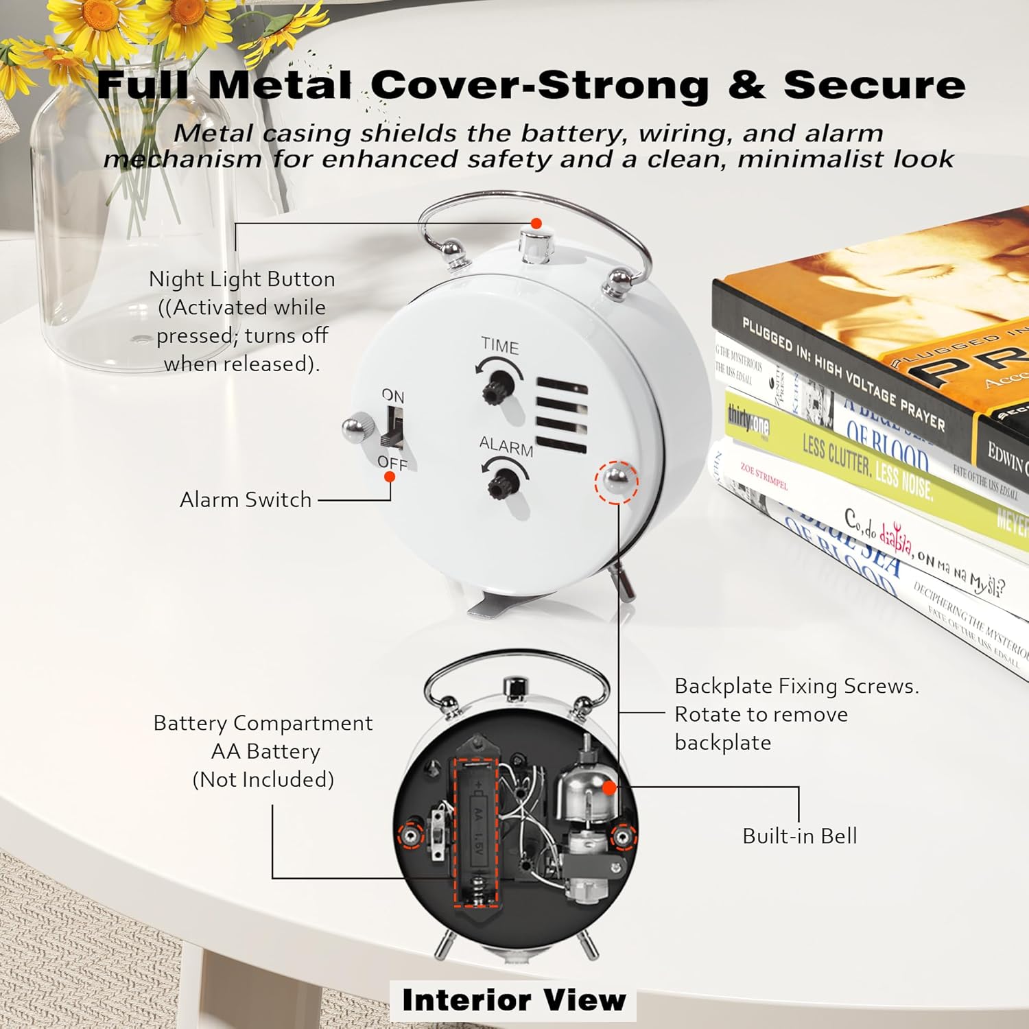 AYRELY 4 Super Loud Alarm Clock with Metal Bell and Night Light White