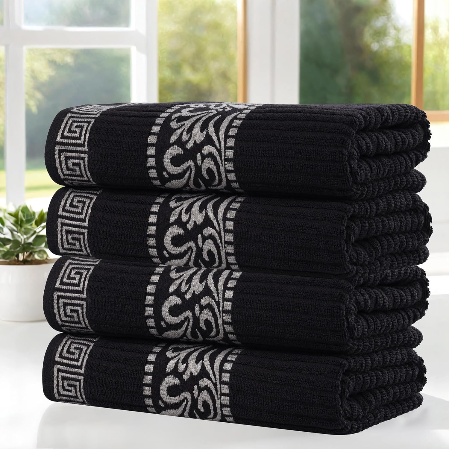 Superior 4-Piece Bath Towel Set with Greek Key Border